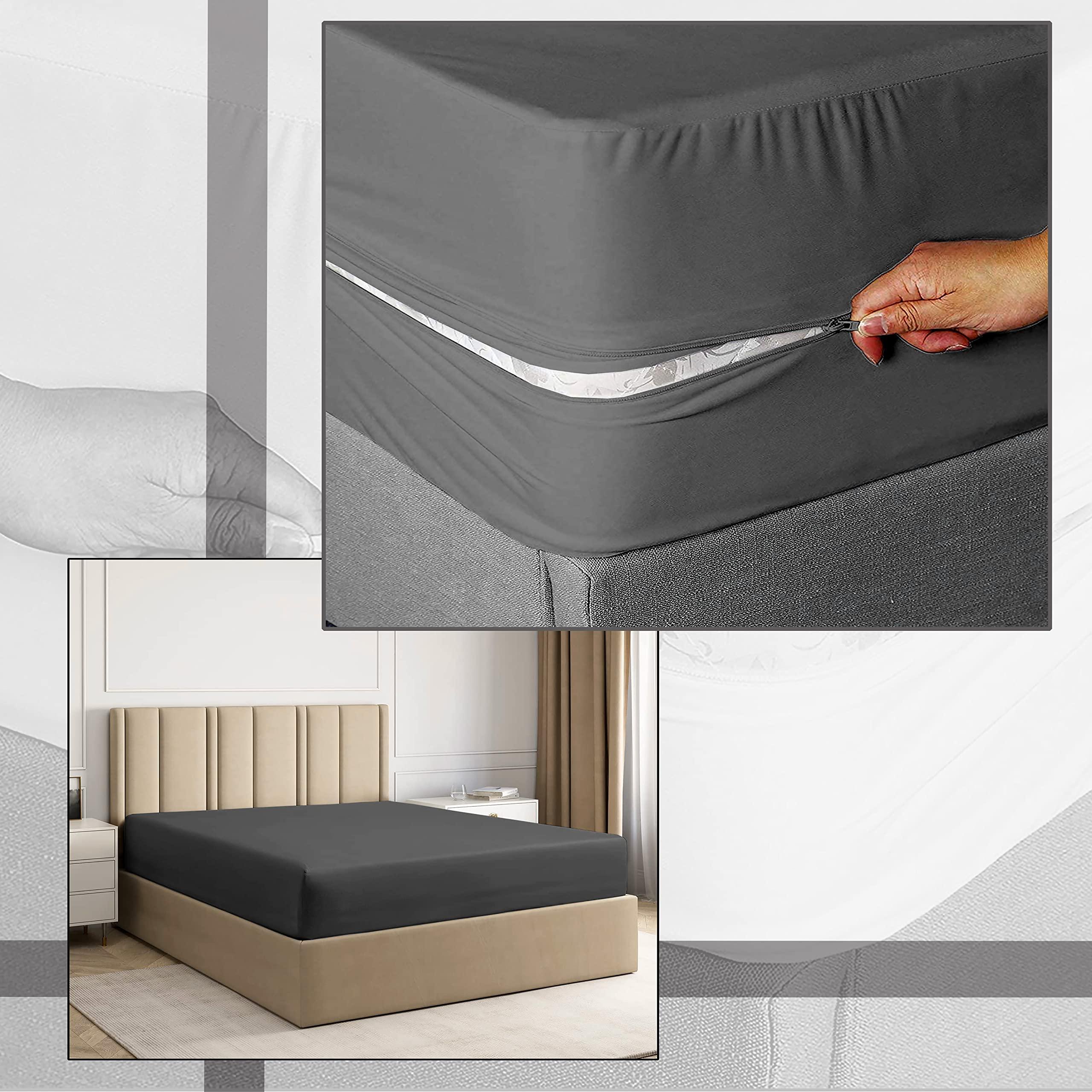 PURE ECO Pure Eco Fitted Sheet Zipper King Size 78\" X 80\" Inches Fit 12\" Deep Pocket Dark Grey, 600 TC 100% Egyptian Cotton Sateen Weave Fitted Sheet Zipper King Size Bed Fitted Sheet Zipper