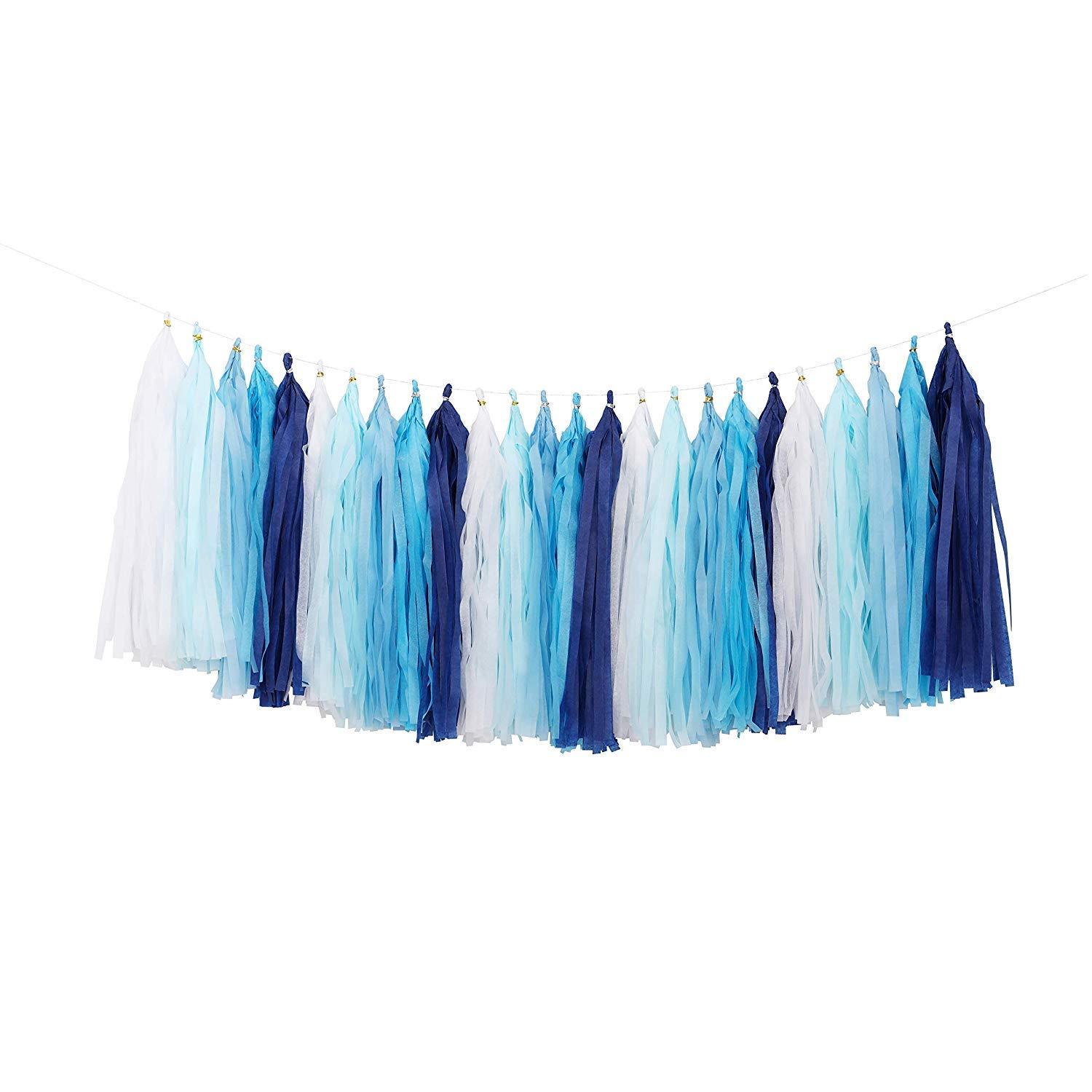 Fonder Mols Fonder Mols 25pcs Navy Blue White Tissue Paper Tassel Garland Tassel Banner for Nautical Baby Boy Shower,Boy Gender Reveal, First Nautical,Shark Birthday Party, Photobooth Backdrop Decorations A05