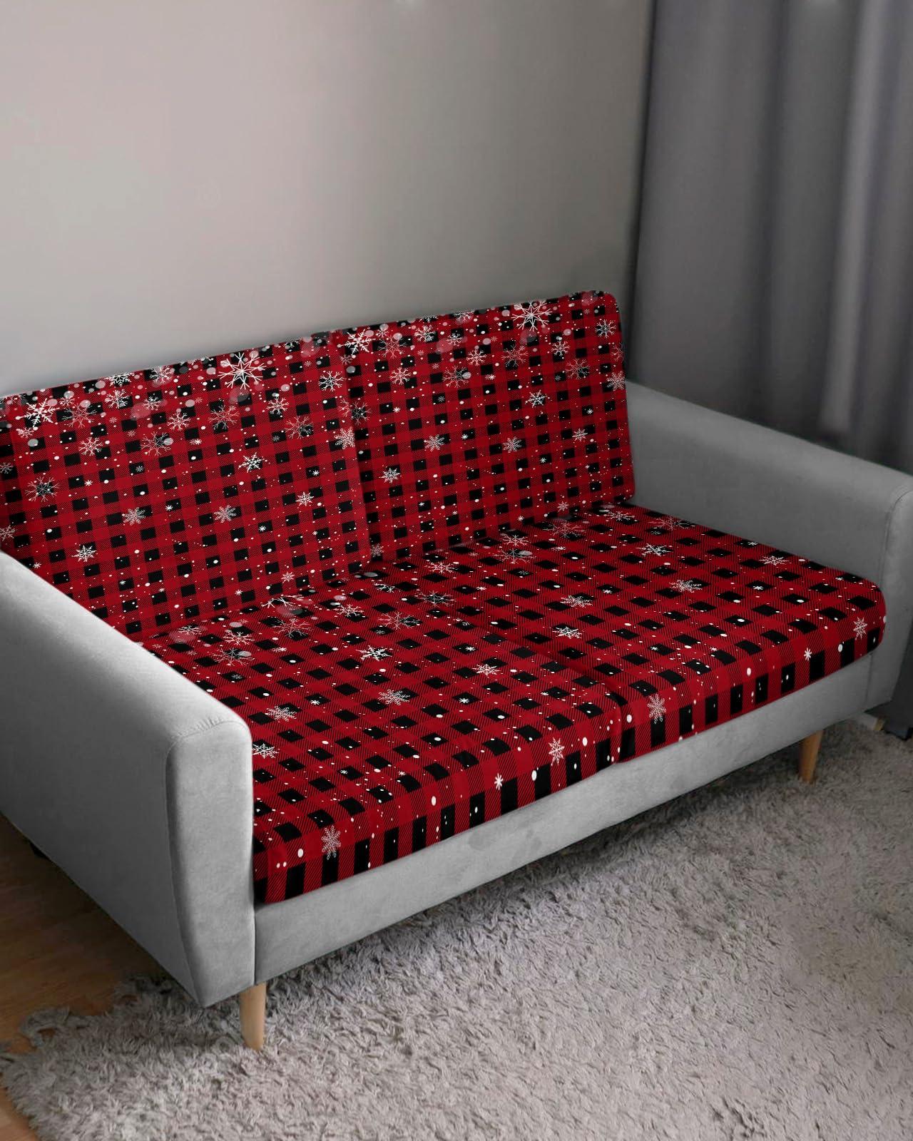 AMZRicher Buffalo Plaid Sofa Couch Cushion Covers Washable, Red Black Christmas Winter Snowflake Removable Stretchable Sectional Couch Covers Slipcovers for L & T Shape Sofa Furniture Protector M Size 1 pc
