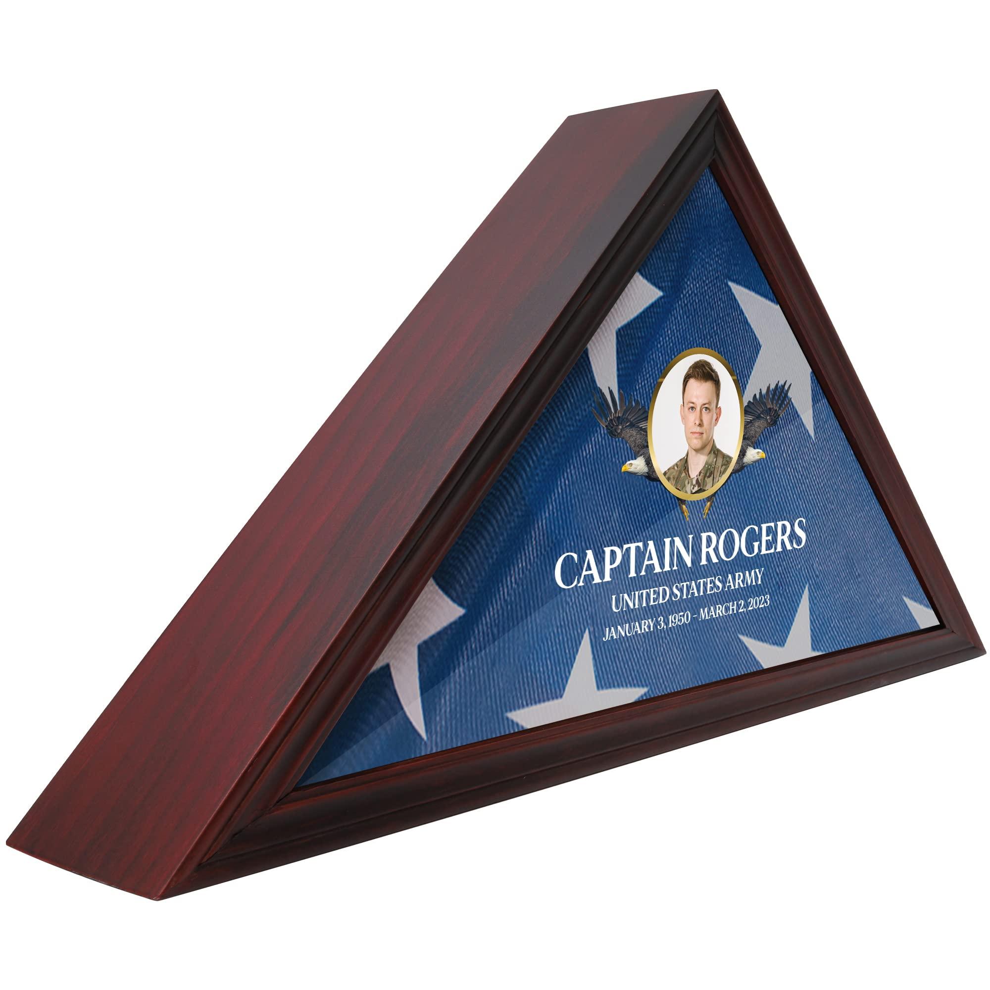 Basic Fundamentals Solid Wood Personalized Flag Box for American Veteran Flag, 9.5 X 5 Feet Full Color, UV Printed Display Case for Burial Flag, Flag Box Display Case with Glass Front for Folded Flag, Cherry (Design 5)