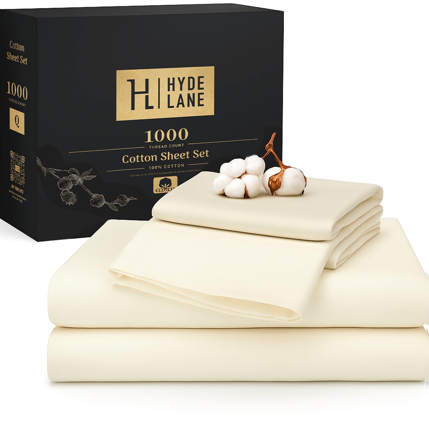 Hyde Lane Hyde Lane Luxury 1000 Thread Count 100% Cotton California King Bed Sheets | Very Comfy Soft & Thick with Deep Pocket - Fits up to 18\" Mattress, Cotton Bed Sheets Cal King - 4 PC (Ivory/Cream)