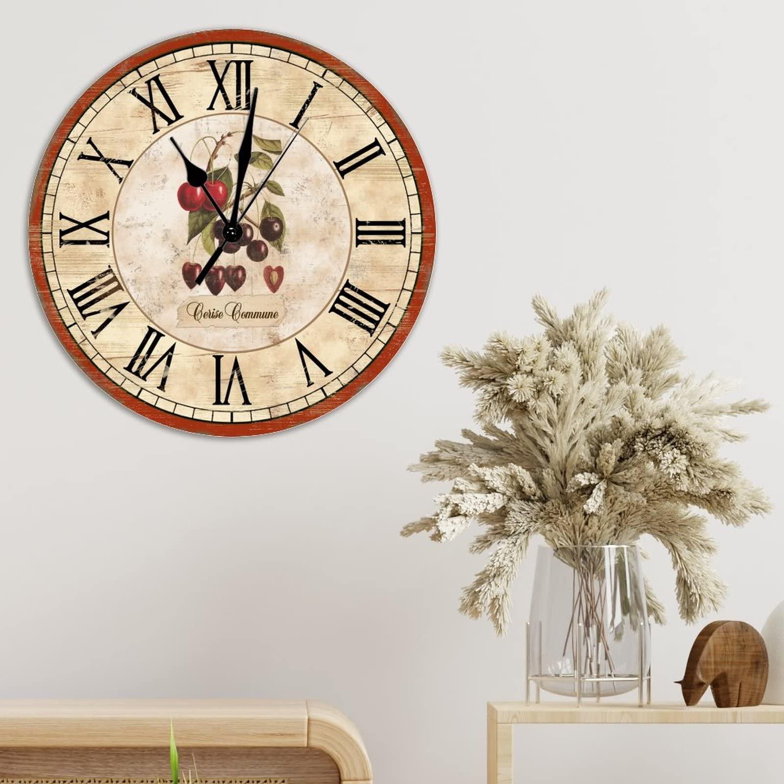 ArogGeld Retro Cherry Round Clock 12Inch Round Clocks French Cherry Wall Clocks Battery Operated Wall Clocks Retro Rustic Style Kitchen Clock for Kitchen Dinning Room Birthday Housewarming Gift