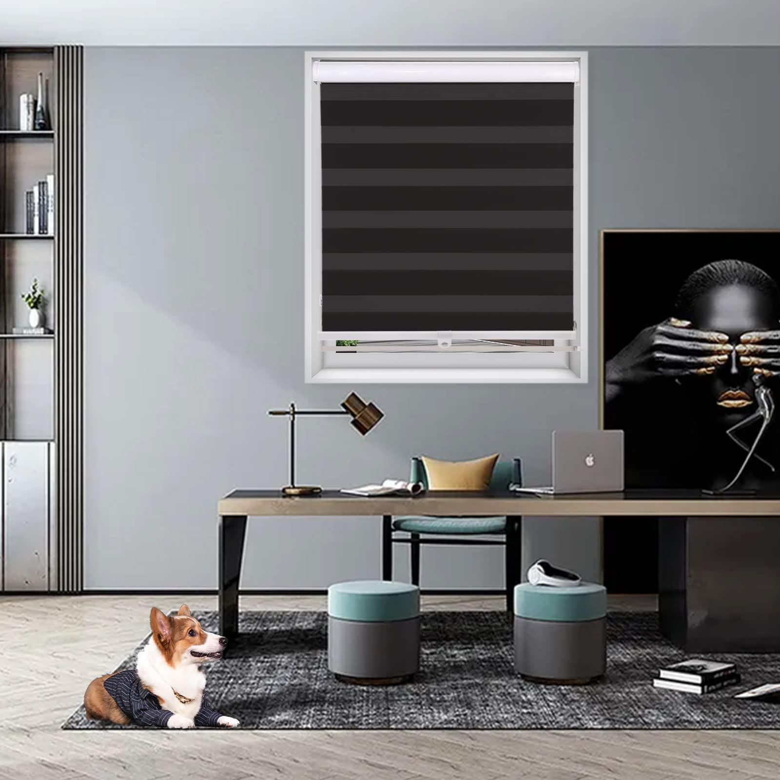 Amingrui Customized Cordless Zebra Blinds Horizontal Window Blinds and Shades Dual Layer Roller Shades, Sheer or Privacy Light Control [Black-25 W x 36" H]
