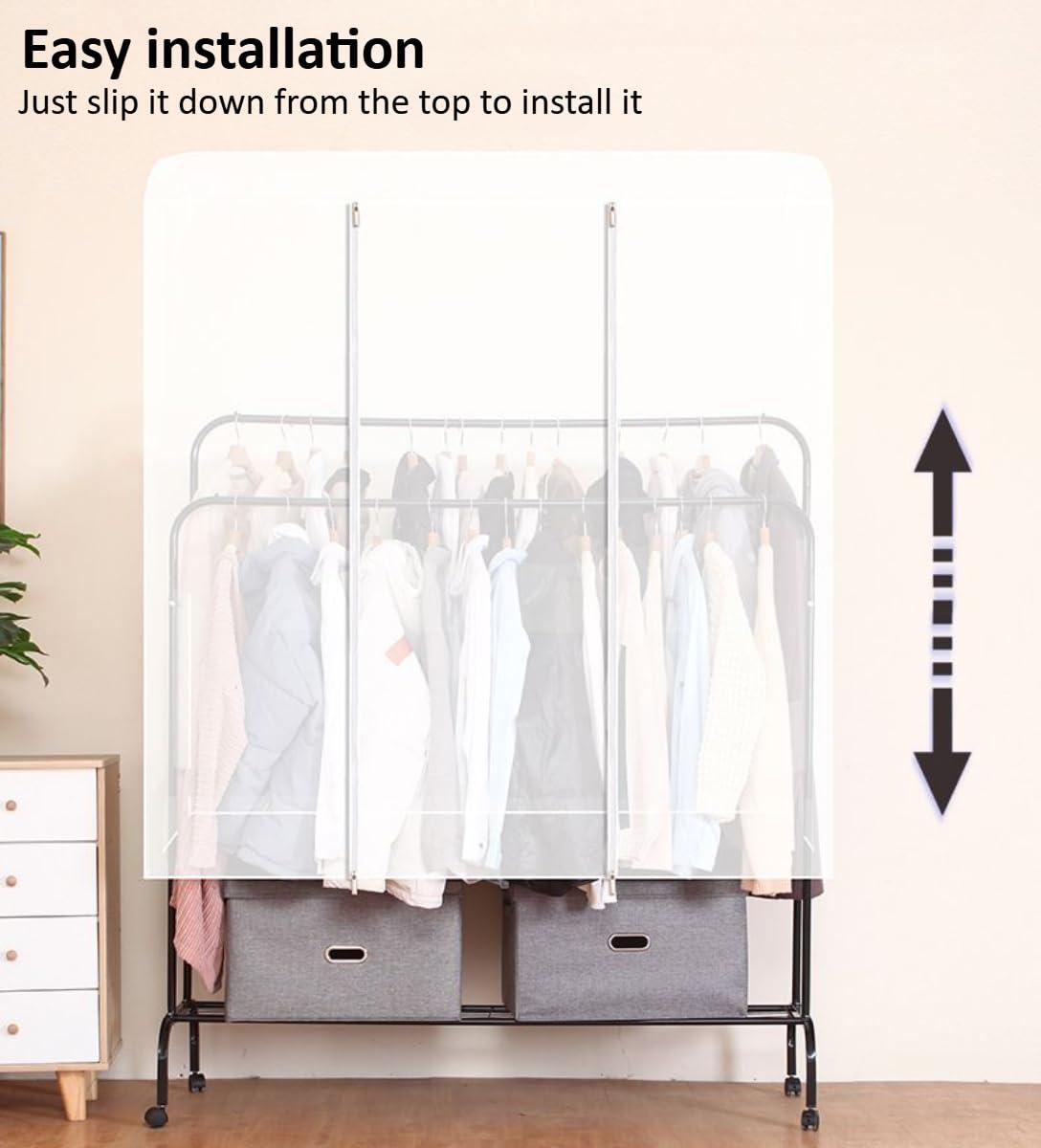 Haklein Double Hanging Rods Clothes Rail Widen Dust Cover, 75cm/29.5inch Extra Wide Garment Rack Cover with Zipper for Bedroom Shop Office, 5ft Hanging Clothes Rack Protector Cover (80X150X75cm,Transparent)