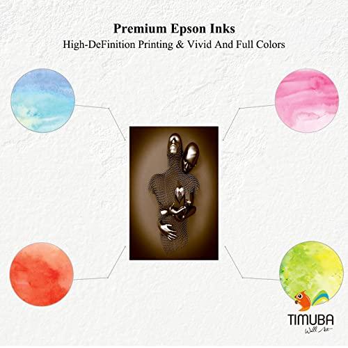 TIMUBA 3D Wall Art - Silver Gold Hugging Couple Wall Design, 3D Effect Love Metallic Art Print on Canvas for Bedroom Wall Decor, Modern Abstract Kissing Framed Art Pictures for Valentine's Gift 28x40 Inches