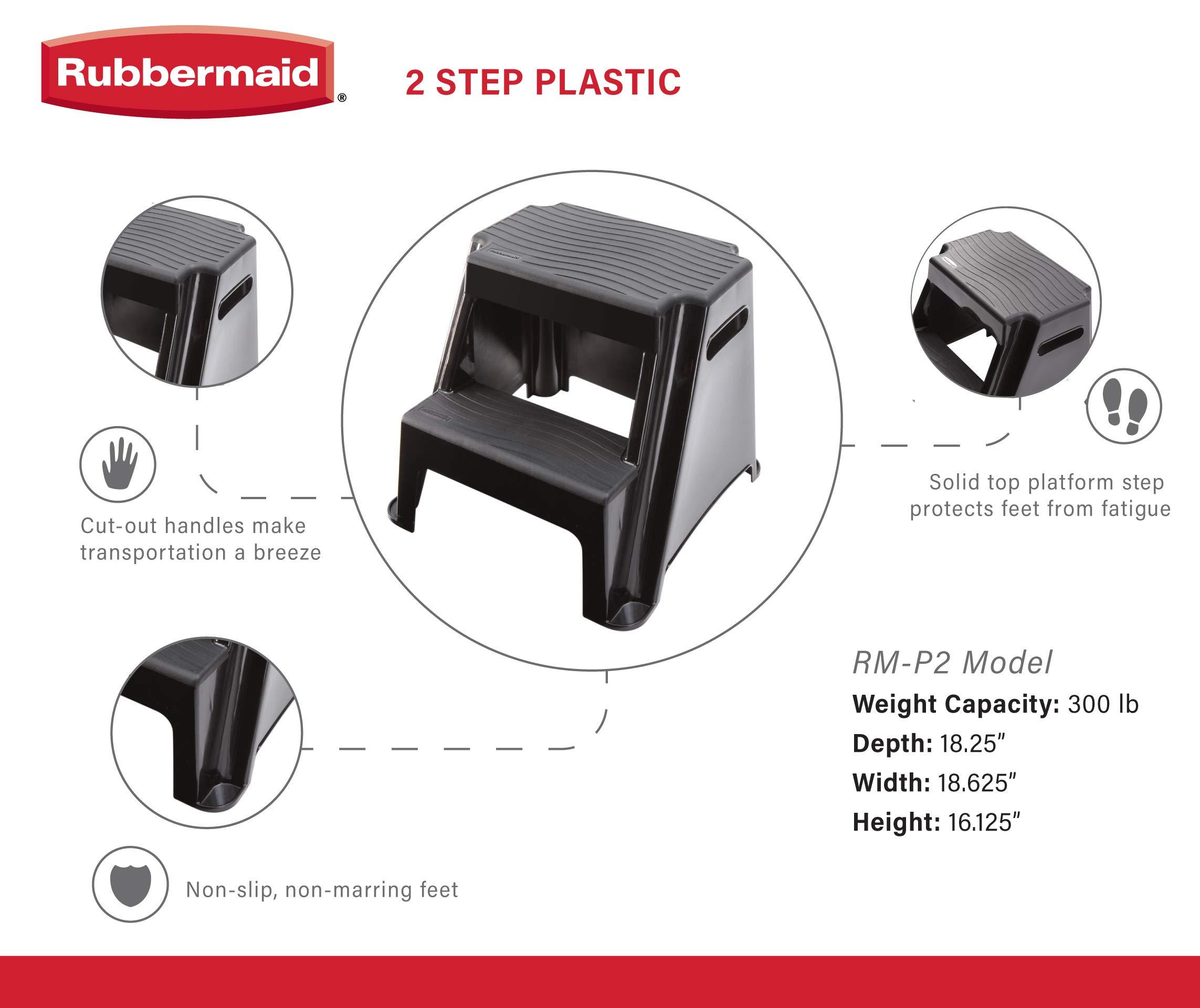 Rubbermaid Rubbermaid 2 Molded Plastic Step Stool, Lightweight Resistant Treads and Non-Slip Feet, 1 Piece, Black