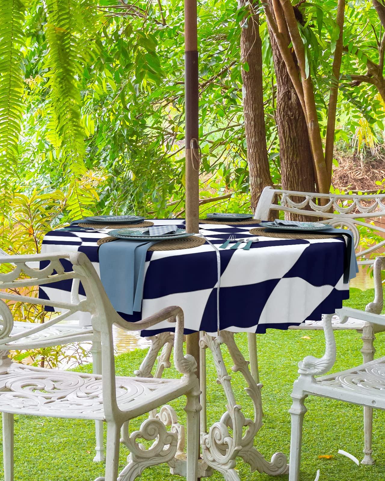 Boanket Boanket Outdoor Tablecloth with Umbrella Hole for Patio/Picnic/Party/Camping, Navy Blue White Checkered Waterproof Table Cloth Round Cover Washable, Modern Irregular Geometric (Dia 60\")