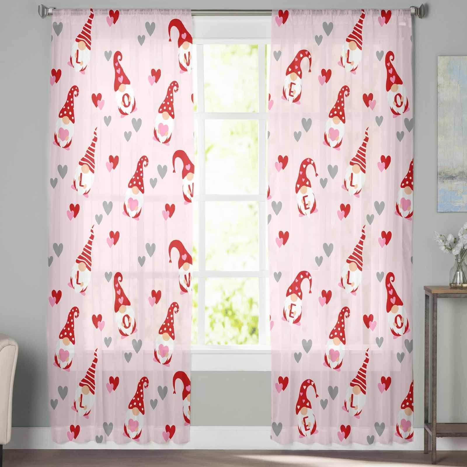 Wowouhiya Wowouhiya Valentine's Sheer Curtains 108 Inches Length 2 Panels Set Bedroom Curtain Drapes, Red Gnomes Love Heart Pink Semi Curtain Sheers for Living Room/Cafe, Rod Pocket Voile Window Treatment