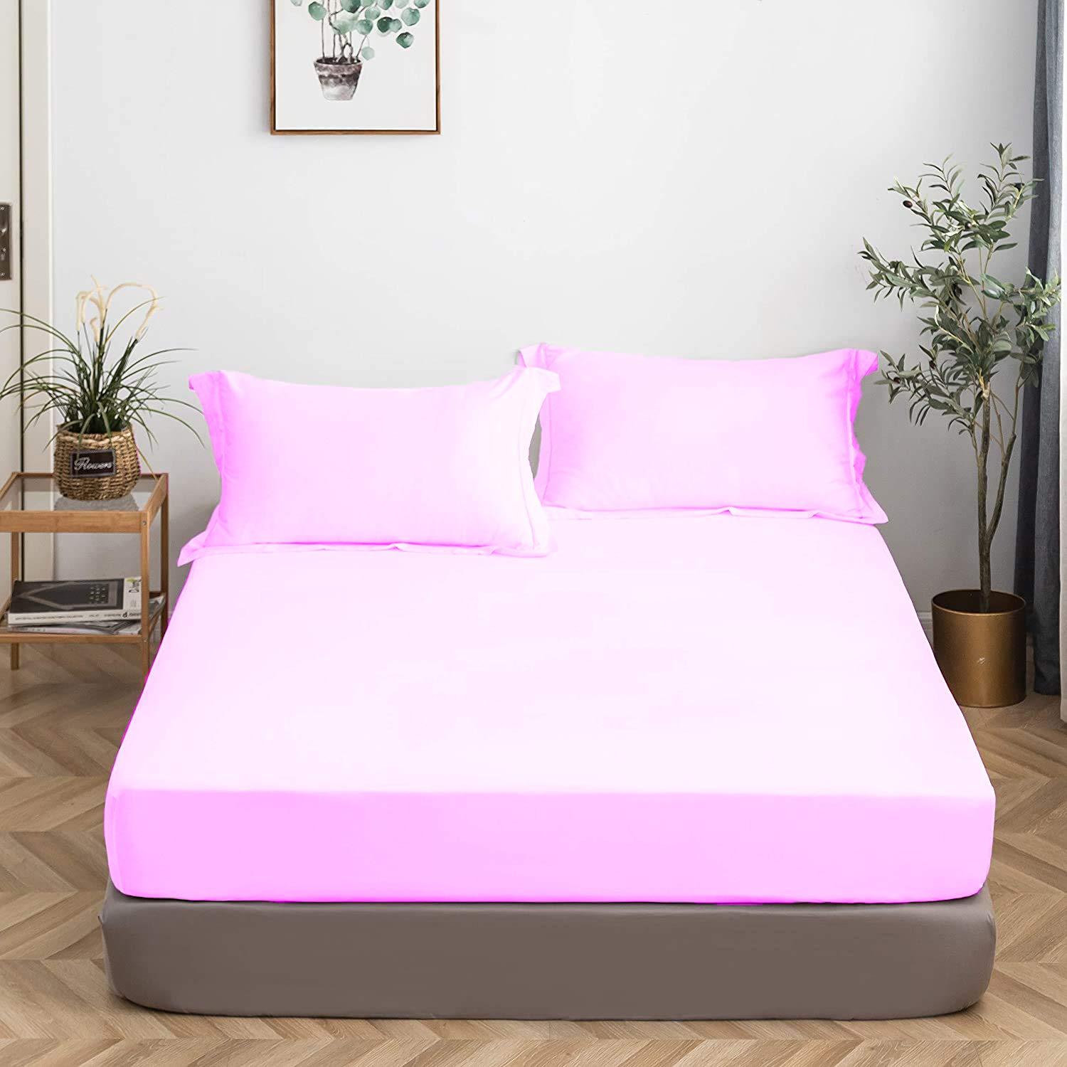 AVISHKA BEDDING Queen Size Fitted Sheet Only 60 x 80 Inches 19 Inch Deep Pocket 100% Egyptian Cotton 1 Piece Fitted Sheet Only All Around Elastic Wrinkle and Fade Resistant - Pink