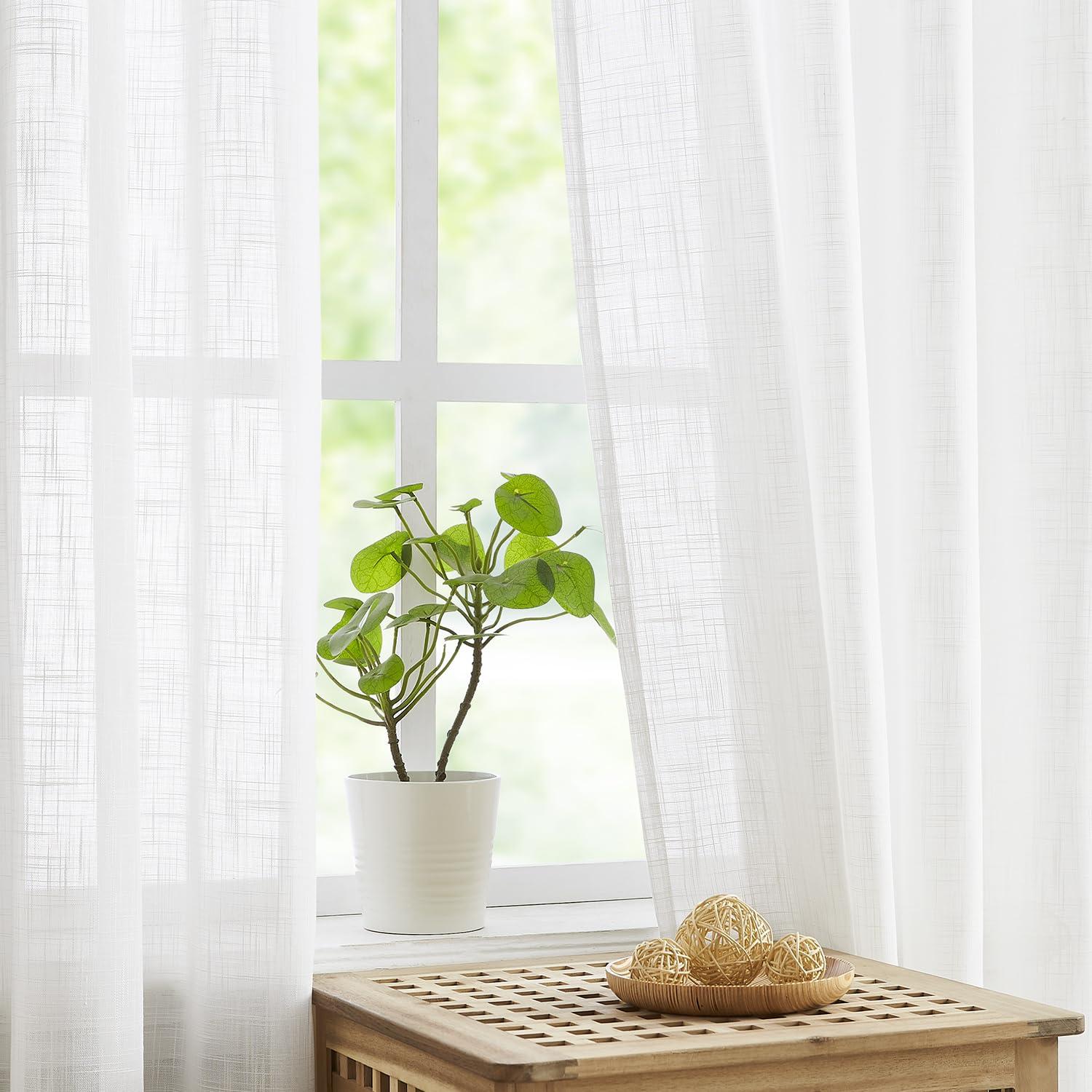 Treatmentex Treatmentex White Sheer Curtains for Bedroom Living Room Not See Through Privacy Linen Textured Window Curtain Set 84-inch Long 54w 2 Panels Rod Pocket