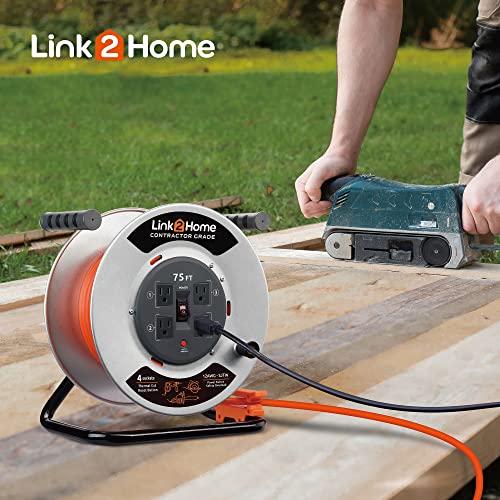 Link2Home Link2Home Contractor Grade Retractable Extension Cord Reel 75 Ft. With 4 Outlets & Heavy Duty/High Visibility 3-Prong SJTW Cord