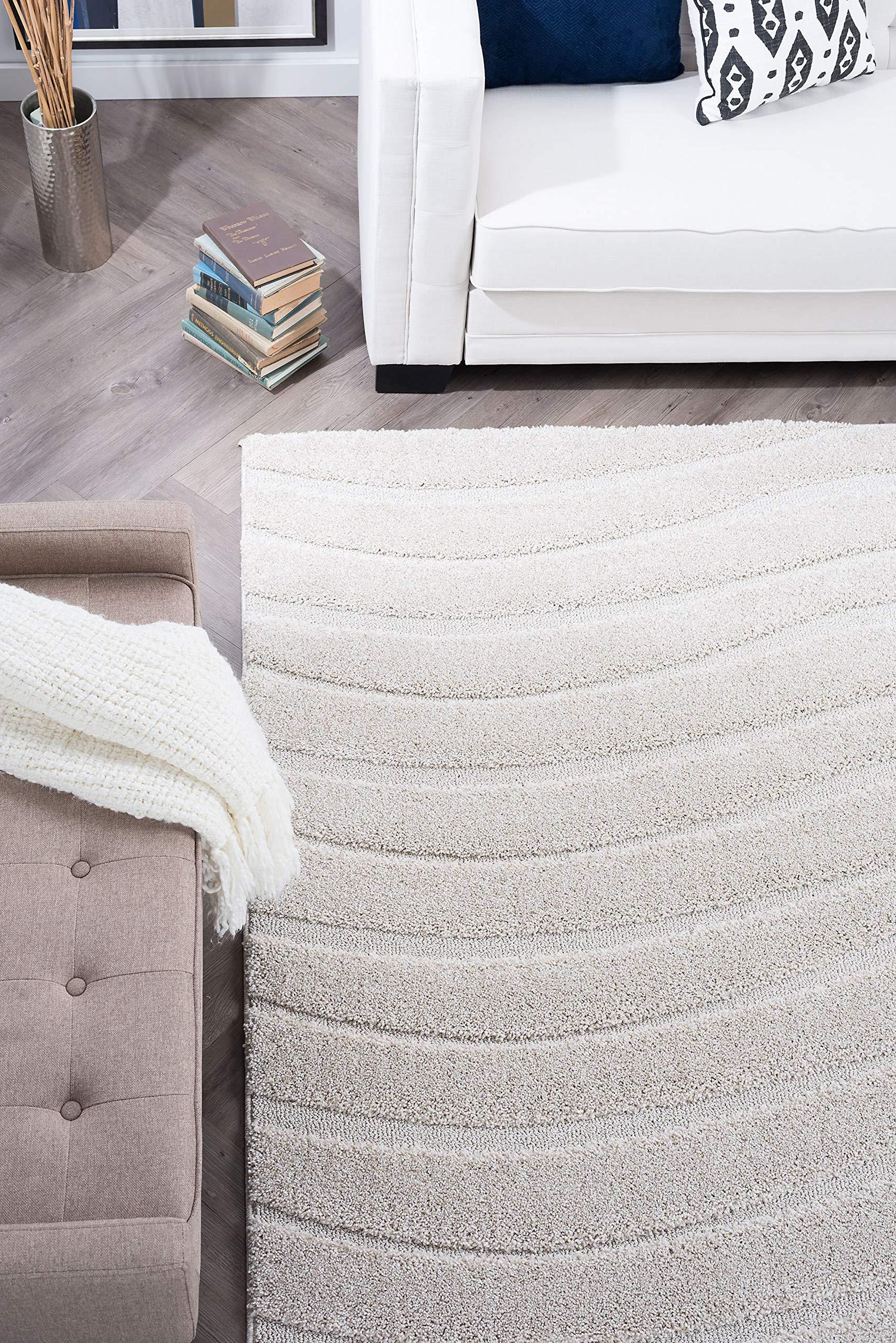 Tayse Tayse Waveland Cream 7 Foot Shag Square Area Rug for Living, Bedroom, or Dining Room - Shag, Stripe