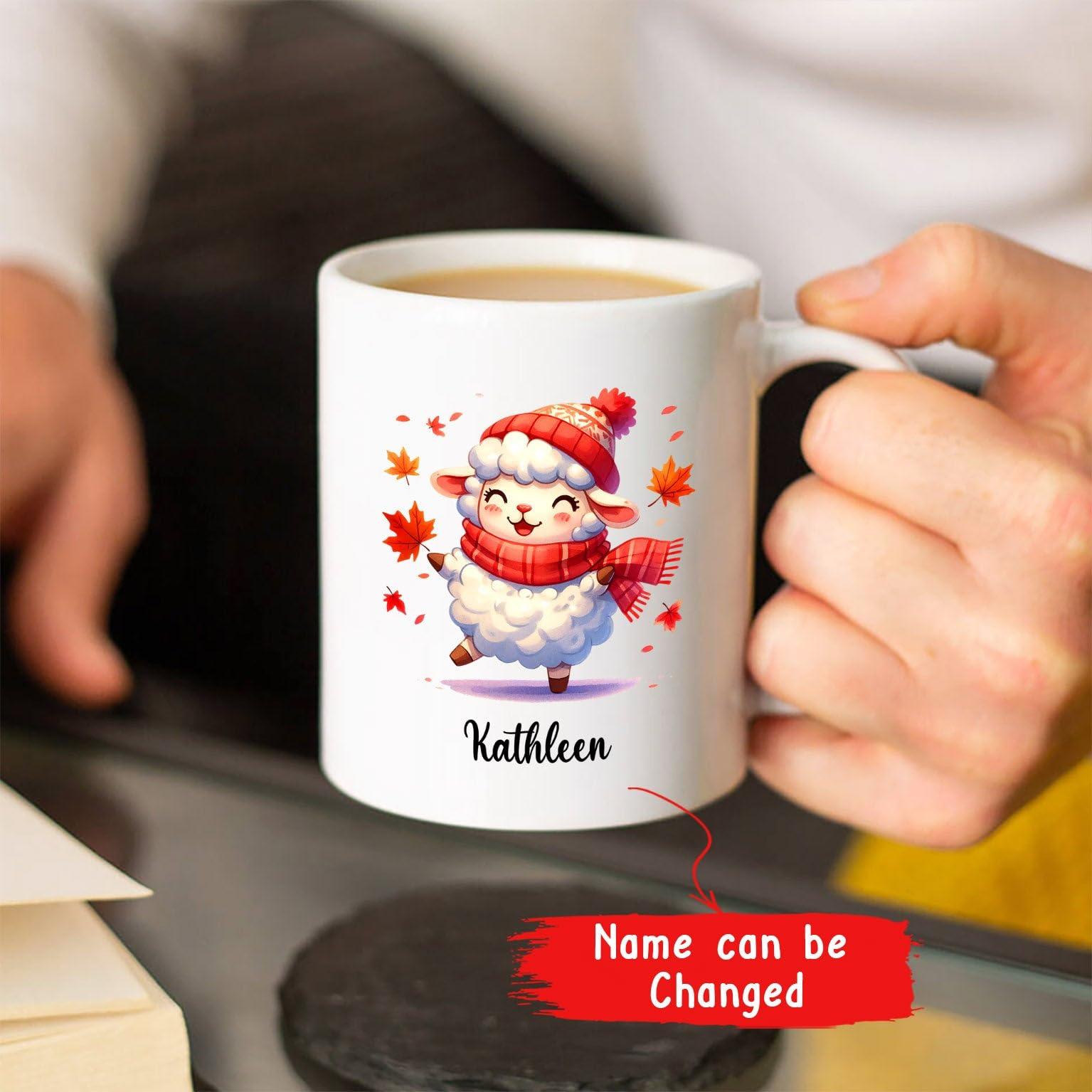 Cenluxy Baby Sheep Coffee Mug, Personalized Name Autumn Sheep Mug Gift, Sheep Animal Cup, Customized Sheep Ceramic Mug Gifts For Sheep Lovers Birthday, Cute Sheep Travel Mugs, Sheep White Tea Cup 11Oz 15Oz