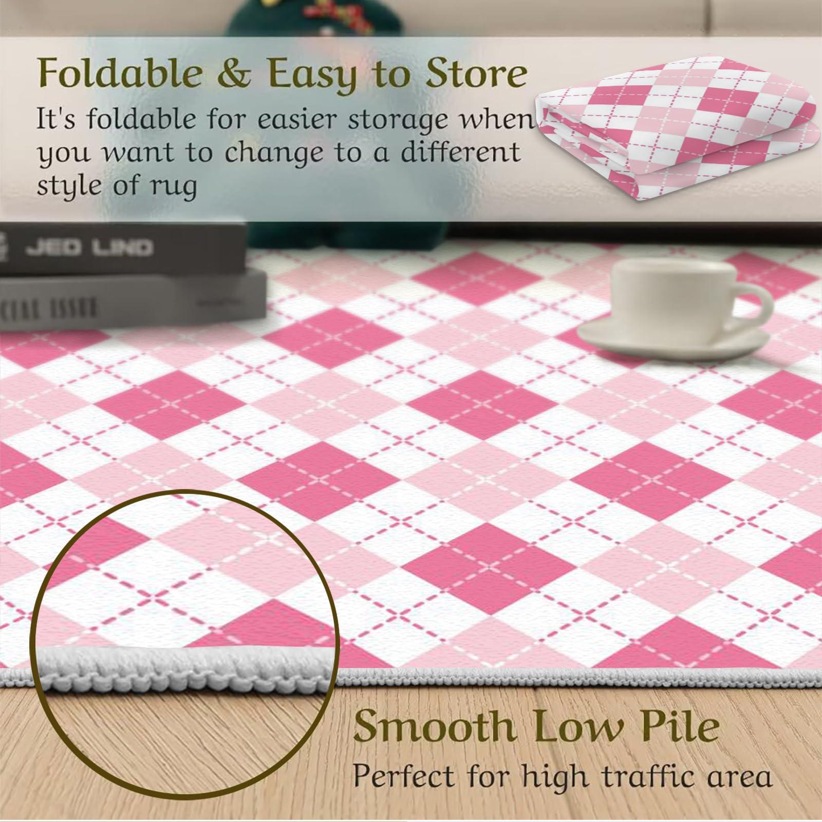 SRAELO Pink White Checkered Rug 2x6ft Geometric Diamond Texture Rugs for Living Room, Machine Washable Low-Pile Abstract Checkered Pattern Floor Carpet for Kids Boys Girls Playing Room Dorm