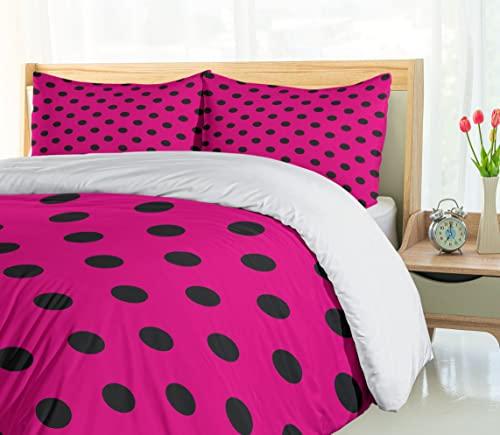 Ambesonne Ambesonne Hot Pink Duvet Cover Set, Pop Art Inspired Design Retro Pattern of Black Polka Dots Classical Spotted, Decorative 3 Piece Bedding Set with 2 Pillow Shams, King Size, Hot Pink Black