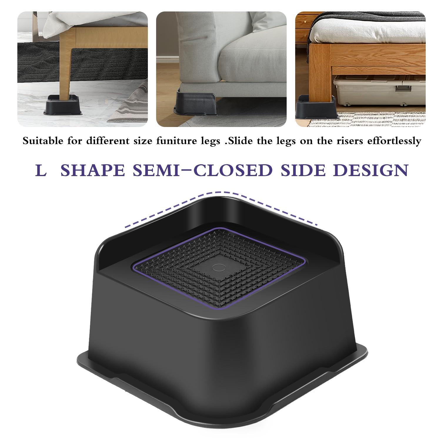 Sunifier Sunifier Bed Risers 3 inch Heavy Duty 4 Pack, L Shape Funiture Risers 3 inch Support 5000LBs, Oversized Lifts Risers for Dorm Beds Frame, Sofa, Desk, Couch, Chairs Legs (Black 4-Pack,3 inch)