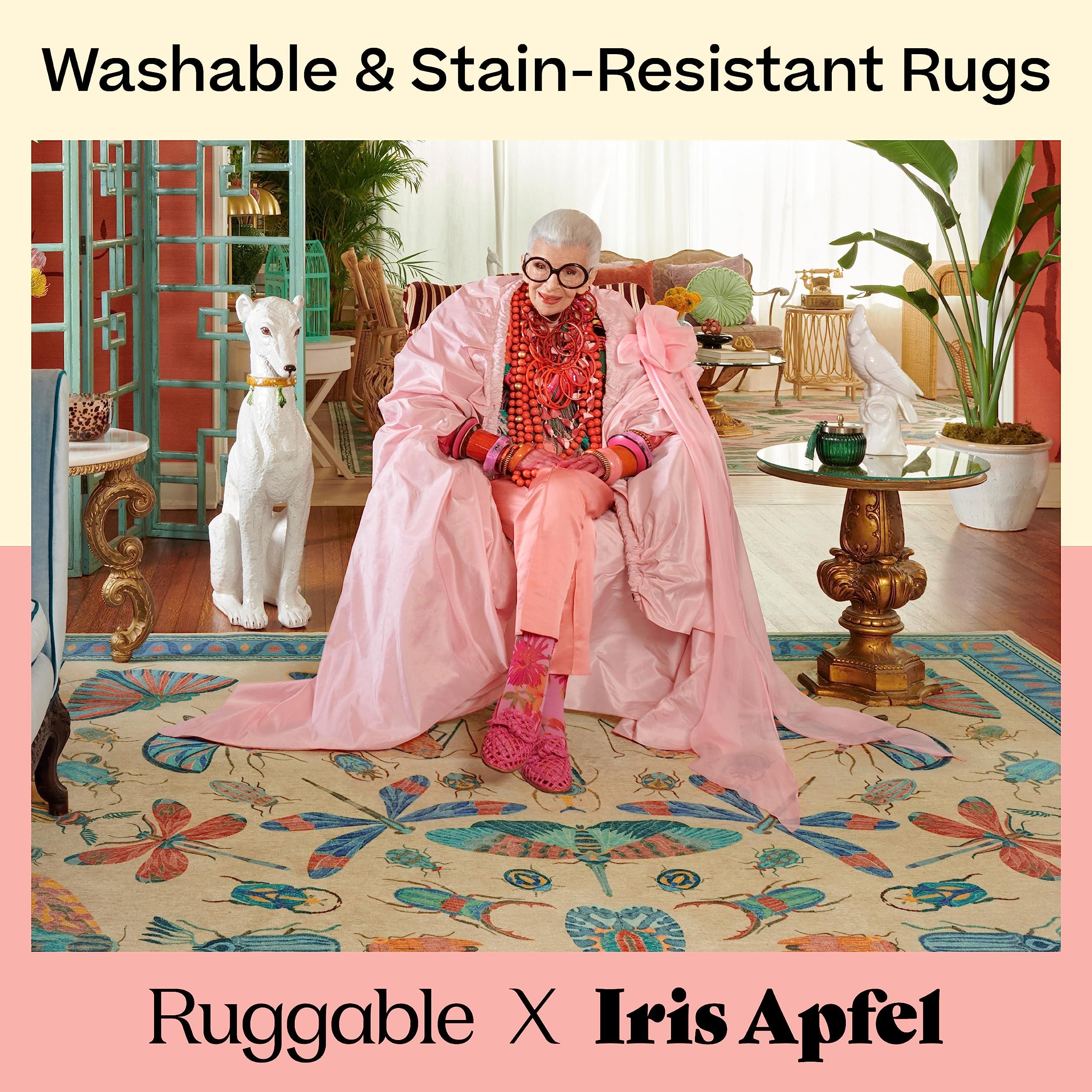 RUGGABLE RUGGABLE Washable 3x5 Area Rug, Flutterby Teal, Premium Modern Rugs for Living Room, Bedroom, Kitchen, Office, Classroom with Gripper Non Slip Pad, Iris Apfel