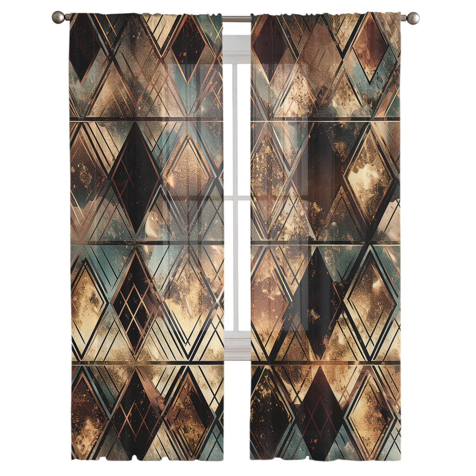 PIEPLE Brown Teal Geometric Sheer Curtains 63 Inch Length 2 Panels Set for Living Room/Bedroom, Retro Modern Plaid Abstract Art Semi Curtain Sheers Drapes Rod Pocket Curtains Window Treatment Set 52x63x2