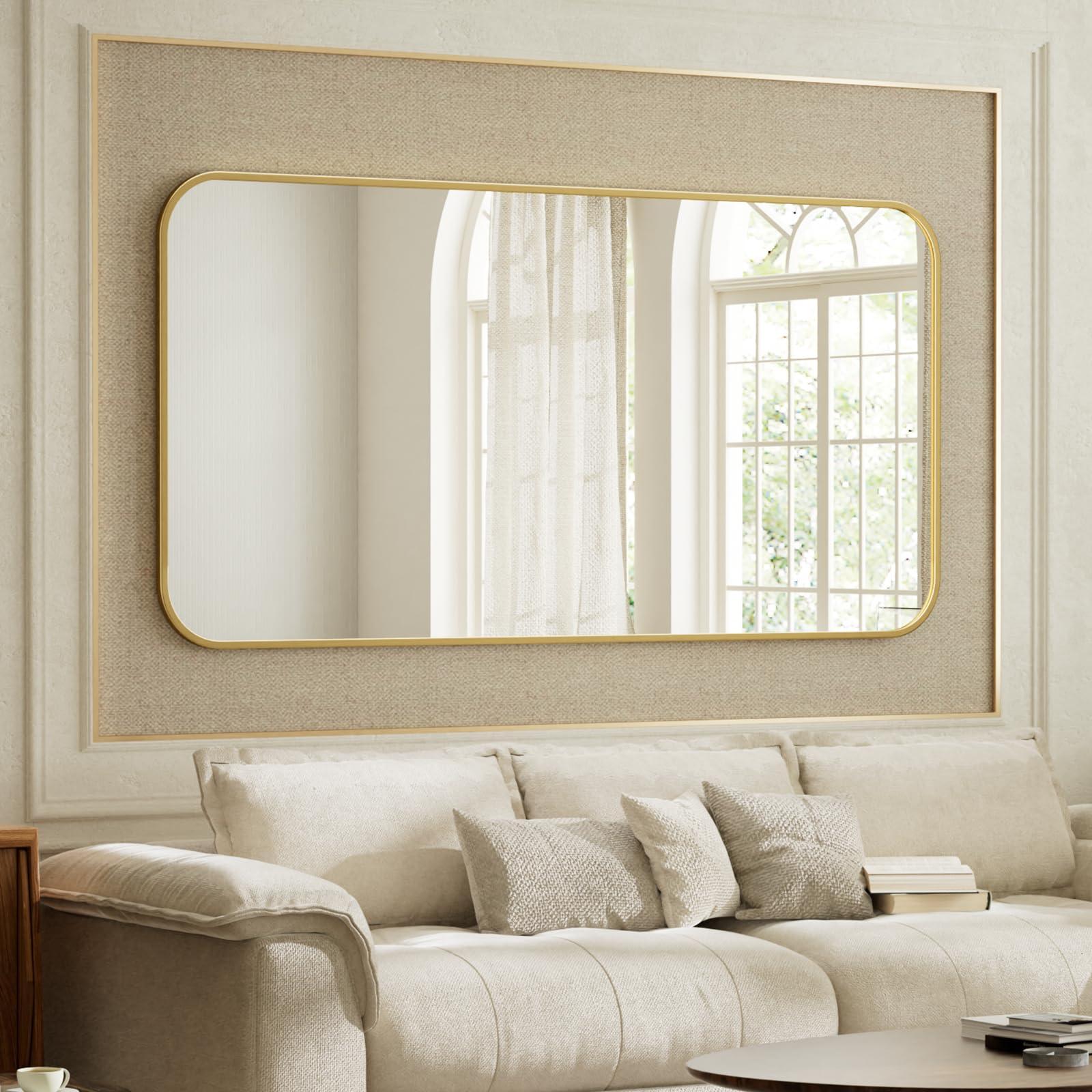 BEAUTYPEAK BEAUTYPEAK 26" x 38" Rectangular Aluminum Alloy Frame Wall Mounted Bathroom Mirror with Rounded Corners, Gold