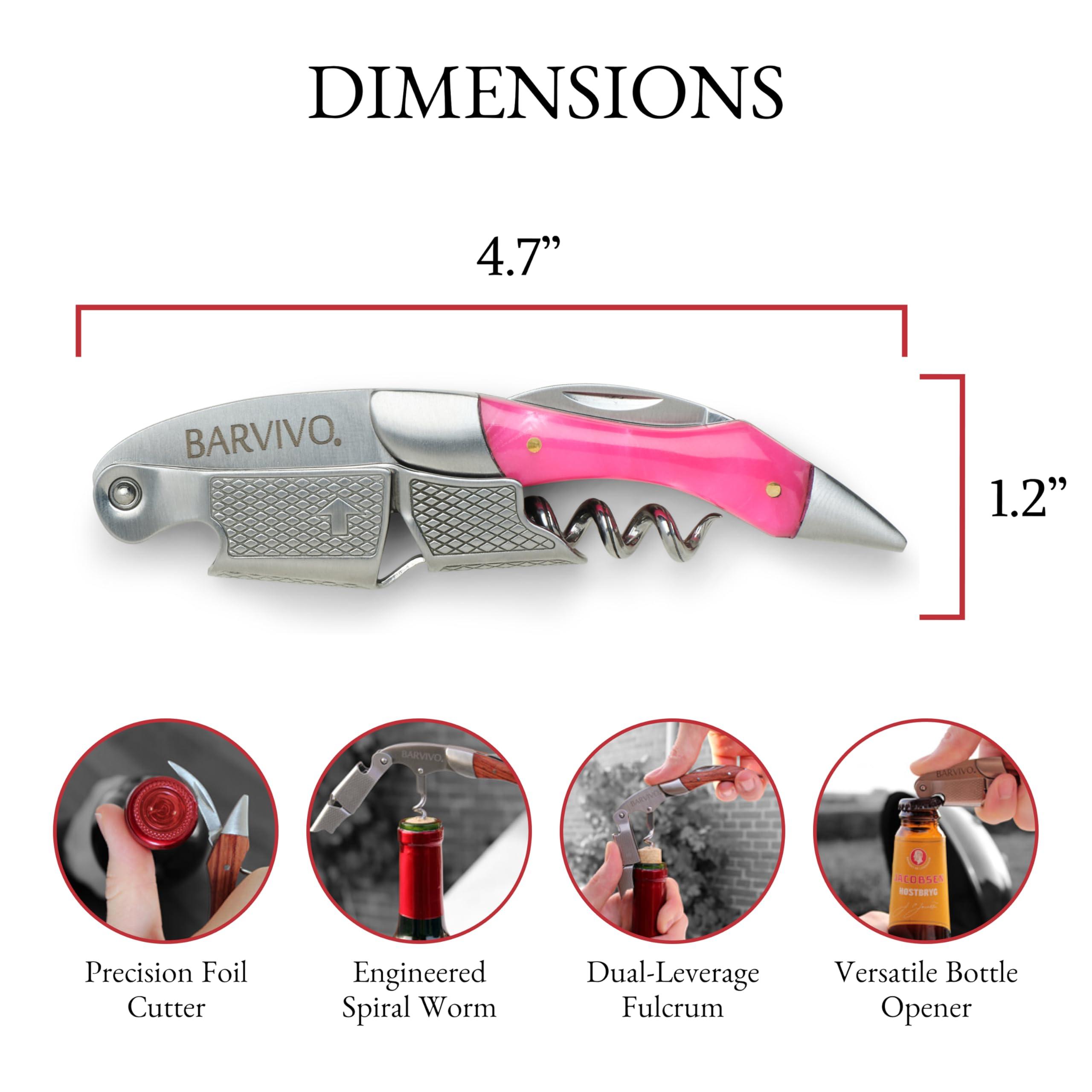Barvivo Barvivo Wine Opener with Foil Cutter and Cap Remover - Double Hinged Corkscrew for Bartenders - Stainless Steel Wine Key for Easy Bottle Opening - Manual Wine Bottle Opener - Pink Resin, 4.7x1.2-Inch