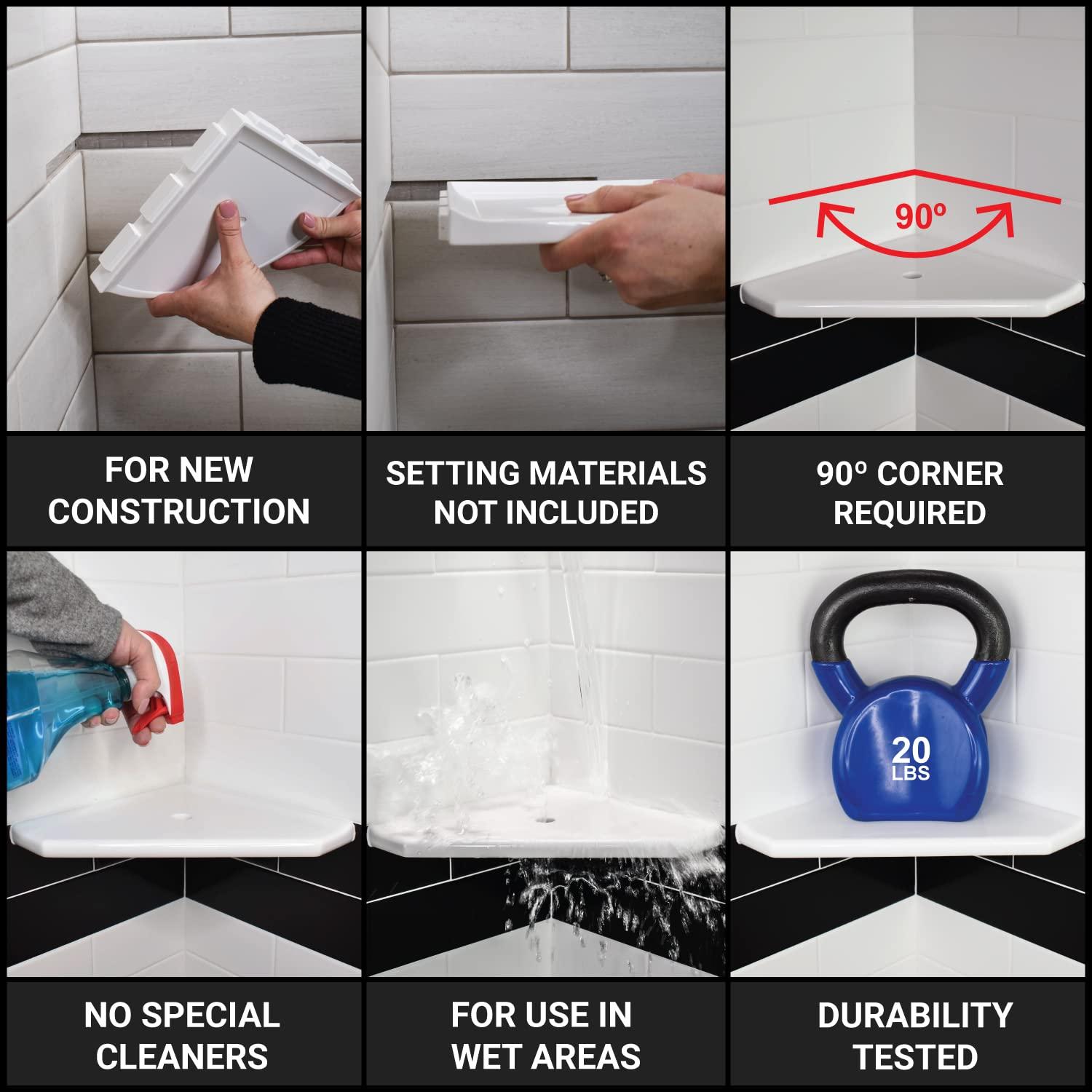 Questech Questech Decor Corner Shower Shelf, 8 Inch Lugged for New Construction, Shower Corner Shelf for Tiled Walls, Metro Lugged Shower Caddy Bathroom Organizer, White Polished