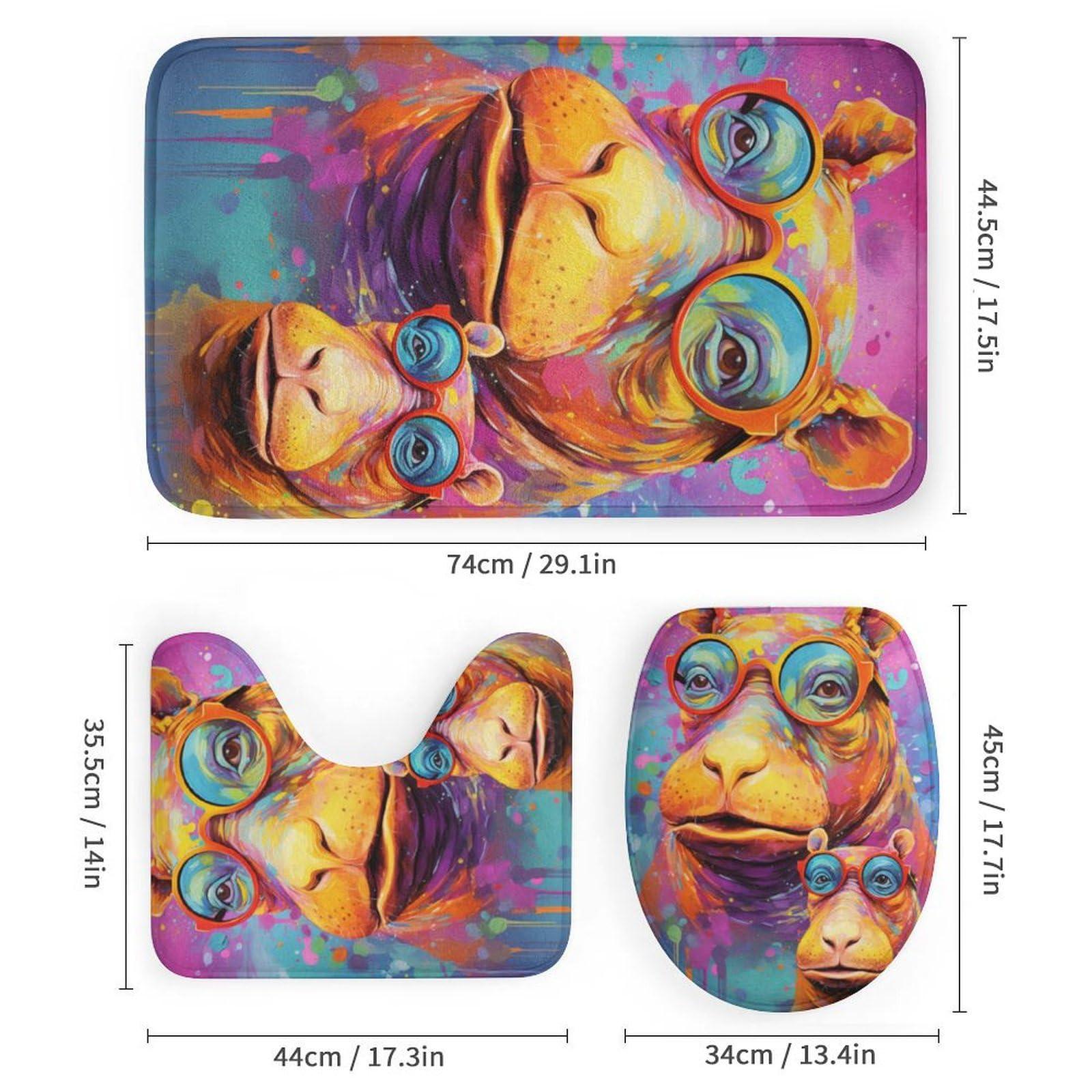 Dunmat Dunmat 4 Pieces Colorful Hippo Shower Curtain Set Graffiti Style Glasses Animal Bathroom Decor Sets with Rugs Bathroom Accessories Set Bathroom Curtain Shower Set with 12 Hooks