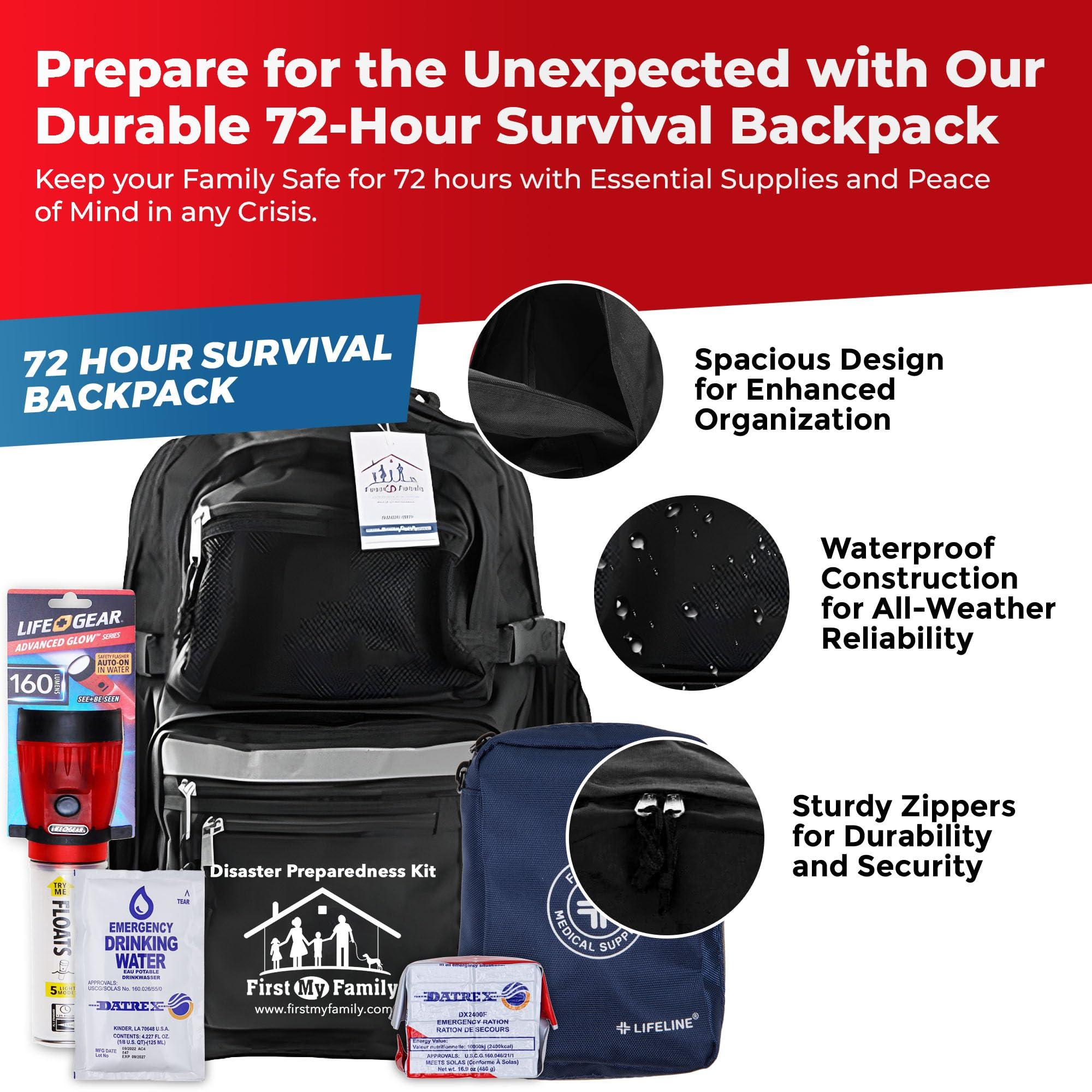 FIRST MY FAMILY A DISASTER PREPAREDNESSCOMPANY First My Family All-in-One 4 Person, 72 Hour Emergency Survival Kit for Fires, Earthquakes, Hurricanes, Floods, Tsunami and Other Disasters - Premium Black Backpack