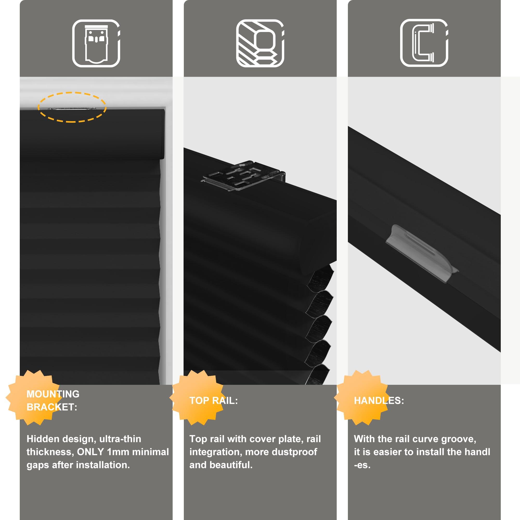 HOTSOON HOTSOON Blackout 1.5" Cell Honeycomb Blinds for Windows Cordless Cellular Shades Hidden Mounting Room Darkening for Home, Office, Black, 60" W x 64" H