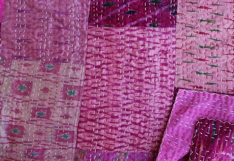 Foziya Qureshi Bohemian Patchwork Kantha Quilt, Boho King Size Bedding Throw Blanket, Patola Silk Patch Work Kantha Quilt, Handmade Kantha Bedcover (Purple, 108"x 108" Inch)
