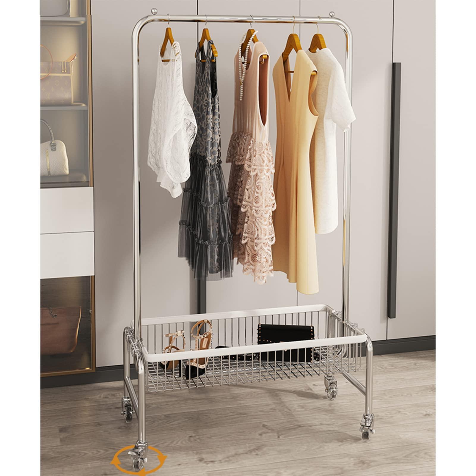 ARALEL Garment Rack Portable Rolling Clothing Racks For Hanging Clothes On Wheels, Space Saving Clothes Organizers With Storage Basket, Multi-Purpose Metal Display Rack, Bedroom Coat Ra(Size:118X40X168CM )