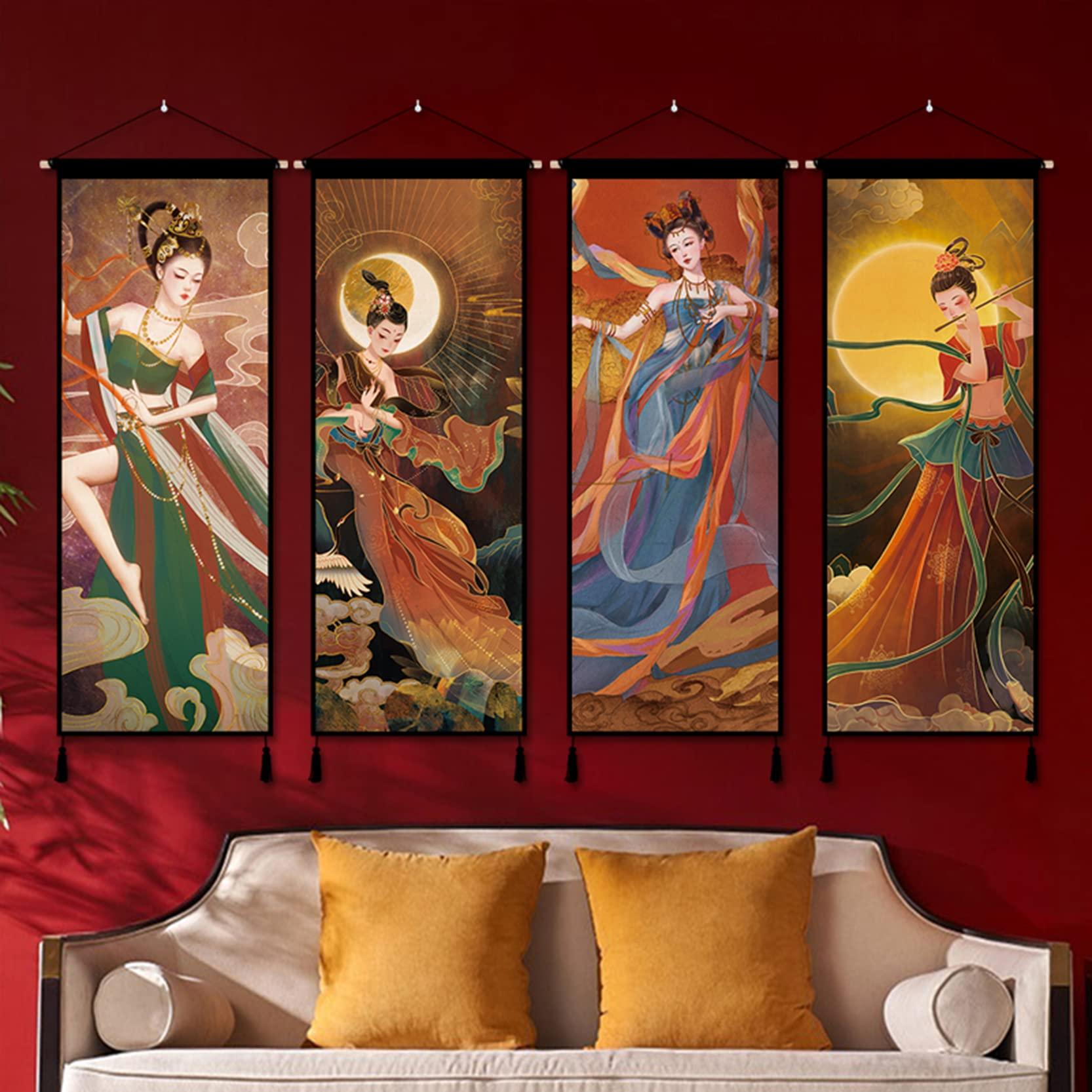 ThAyLa Handmade Tassel Wall Tapestry, Tassel Tapestry Wall Hanging Dunhuang Flying Fairy,small Wall Tapestries with Tassels,Cotton Linen Fabric Wall Art Tapestry for Dining Room Office,P-45x65cm (Color : L