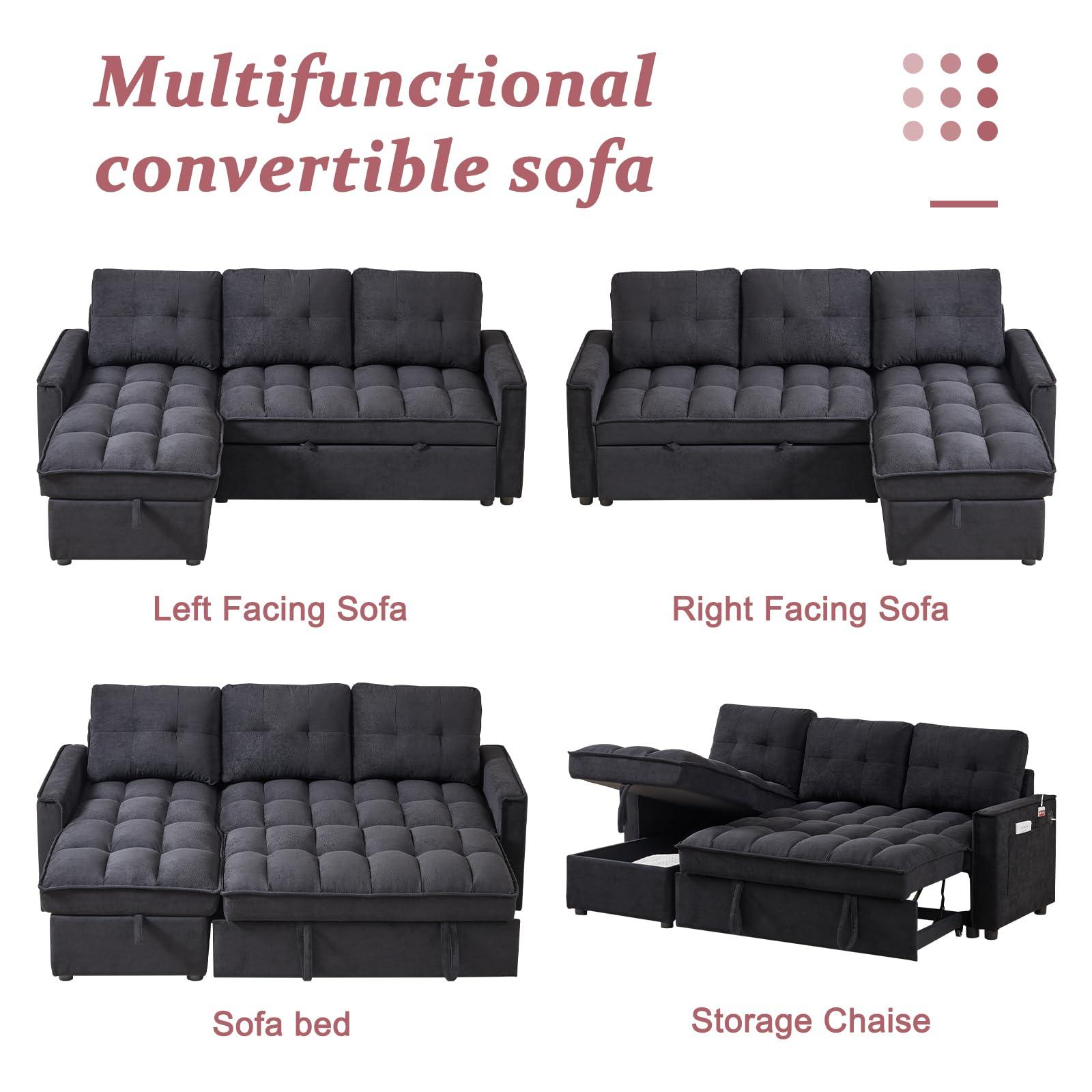 XUWANSHANG 78.75"L Shaped Sleeper Sofa Couch,Chenille Pull Out Couch,Reversible Sectional Sofa Bed with USB and Tape-c,Sleeper Sectional Sofa with Side Pockets,4 in 1 Pull-Out Sofa bed for Living Room (Black)