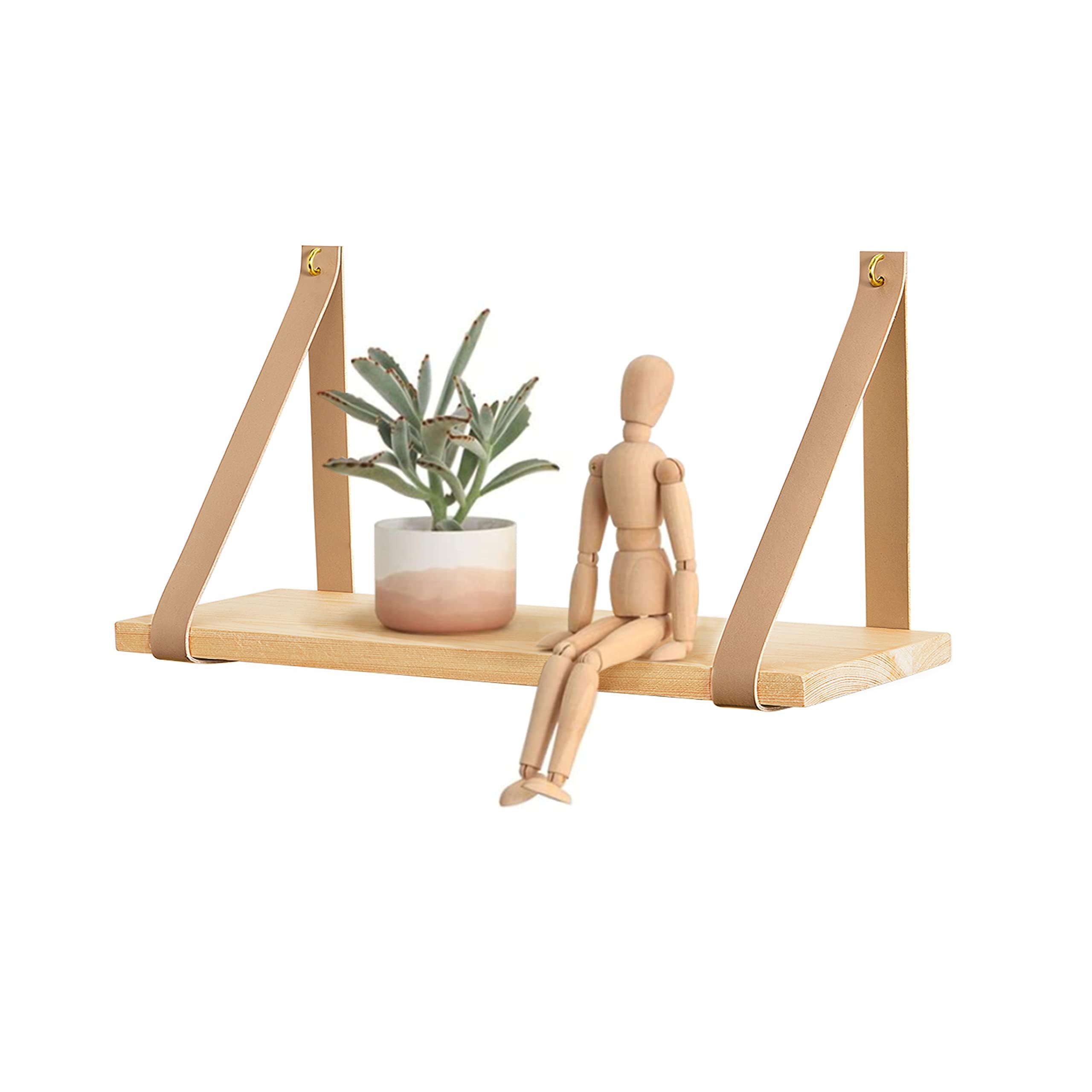 Mkono Mkono Leather Strap Swing Organizer and Macrame Hanging Shelf Boho Wall Decor 2 Tier Handmade Cotton Rope Rustic Wood Floating Shelves