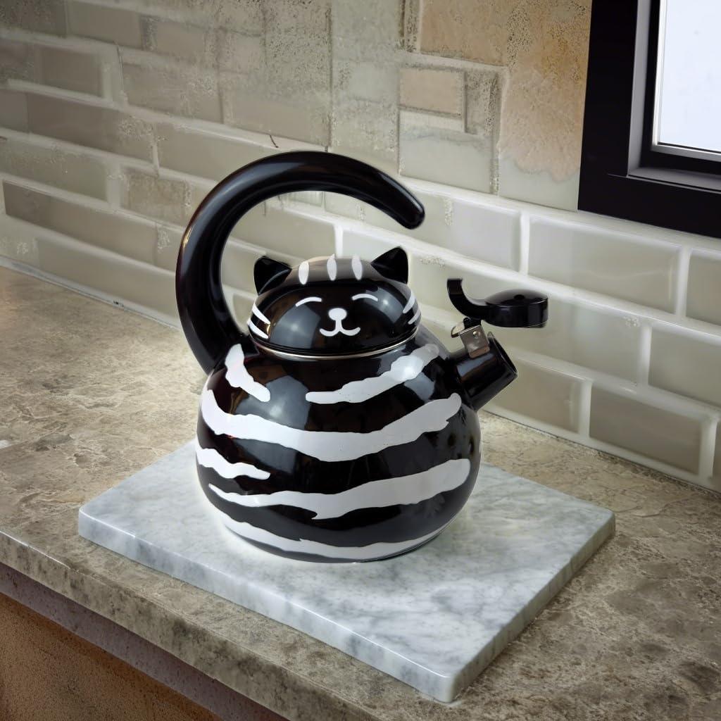 Trenton Gifts Trenton Gifts Whistling Tea Kettle - Enamel on Steel Black Cat Decor - Cute Animal Stovetop Kettle - 2.1 Quart Tea Pots