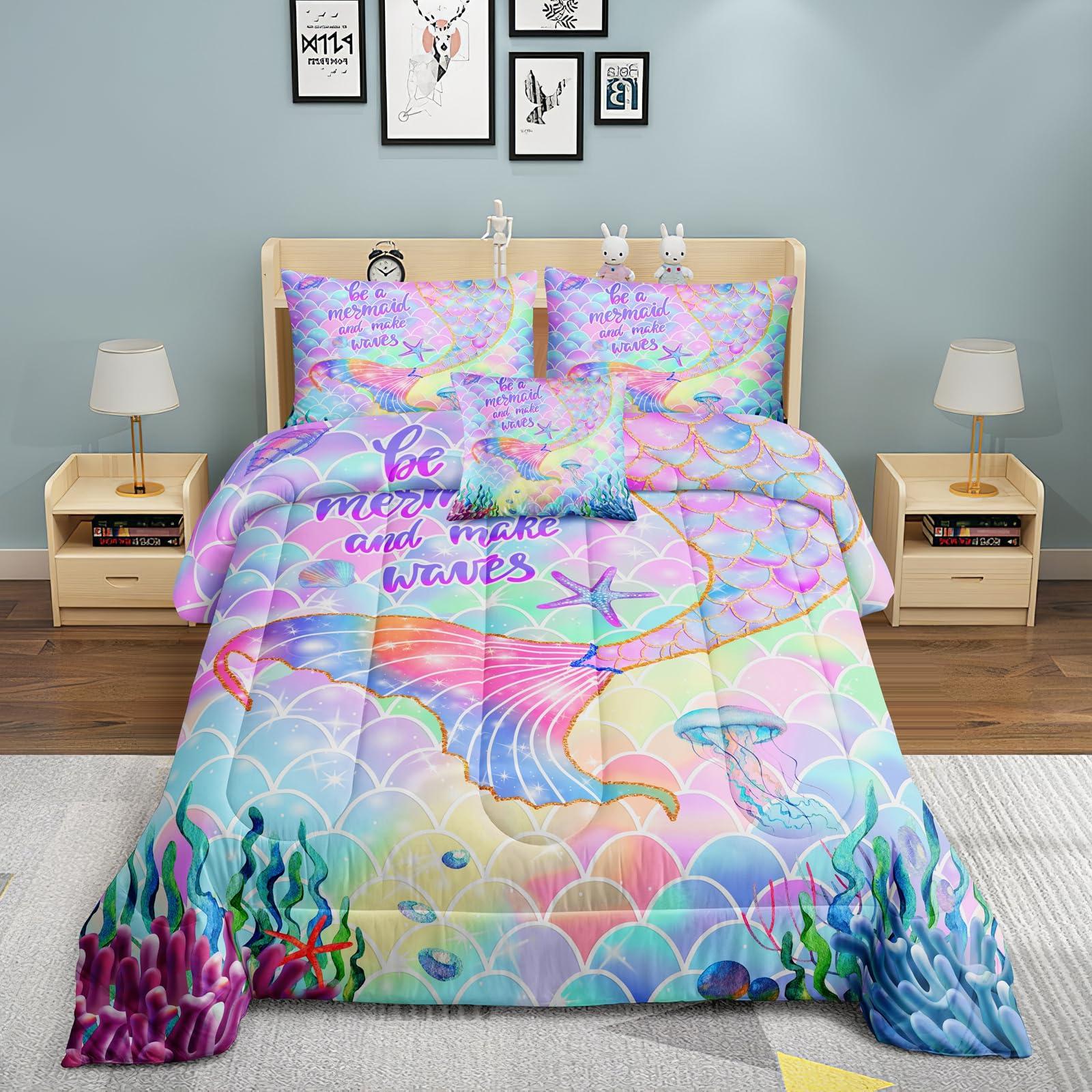 ROWADALO ROWADALO 5 Pieces Mermaid Scale Glitter Comforter Set Fish Scale Shell Starfish Girls Bedding Set,Gradient Rainbow Mermaid Tail Bed in A Bag Twin Size Complete Set for Girls Bedroom,MRY502-Twin