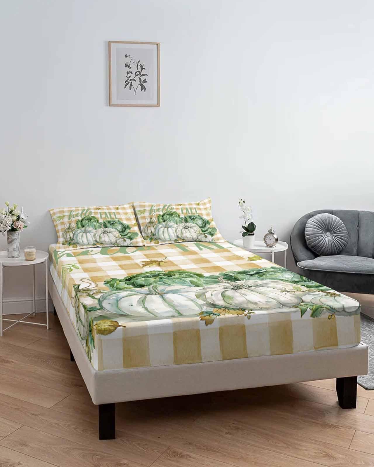 Perdecor Queen Fitted Bed Sheets Fall Thanksgiving Farm Vegetables Brushed Fitted Sheet with Deep Pocket,Soft Microfiber Breathable Bottom Sheet with Pillowcases,Pumpkin Cabbage Country Plaid Bedding Sheet