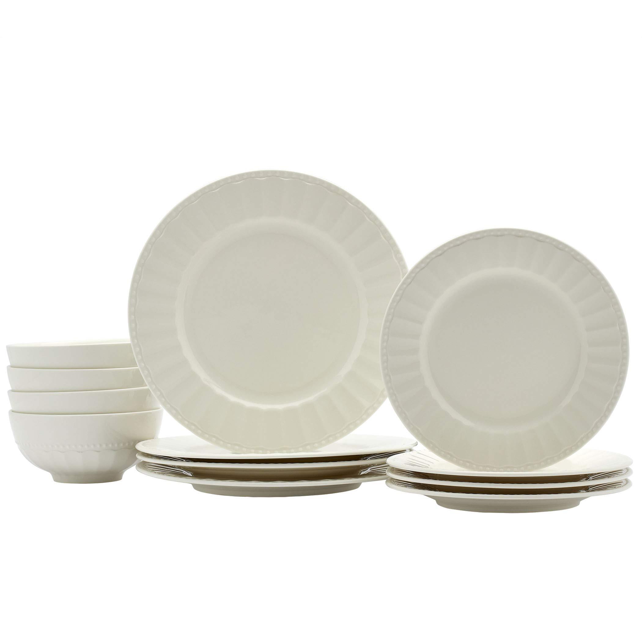 TTU Tabletops Gallery Embossed Bone White Porcelain Round Dinnerware Collection- Chip Resistant Scratch Resistant, Mosaico 12 Piece Dinnerware Set (Dinner Plate, Salad Plate, Cereal Bowl)