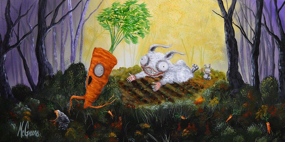 Black Market Art Company Run Carrot Run by J.K. McGreens Rabid Rabbit Stuffed Bunny Framed Fine Art Print