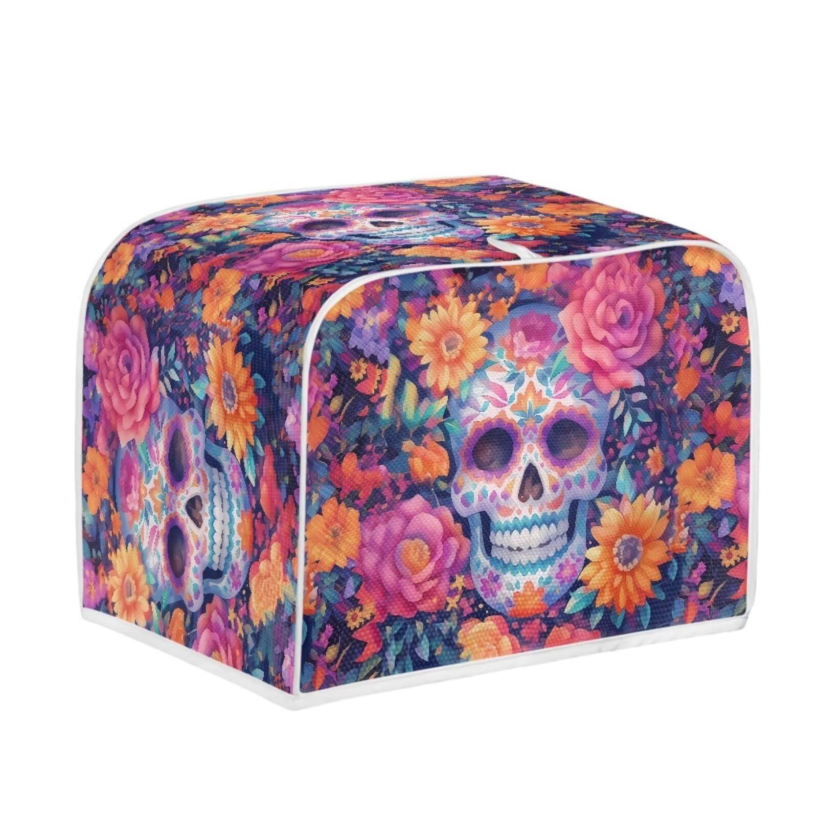 Xarleslyna Xarleslyna Mexican Skull Floral Toaster Cover 4 Slice, Day Of The Dead Flowers Small Kitchen Appliance Foldable Dust Covers Home Decor, Water Resistant