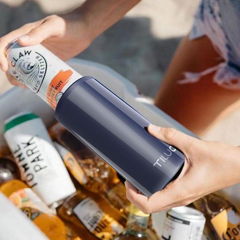 TILUCK TILUCK Skinny Can Cooler for Slim Beer & Hard Seltzer, Stainless Steel, Doucle-Walled Stainless Steel Insulated Slim Cans, Standard 12 oz (Glitter Navy)