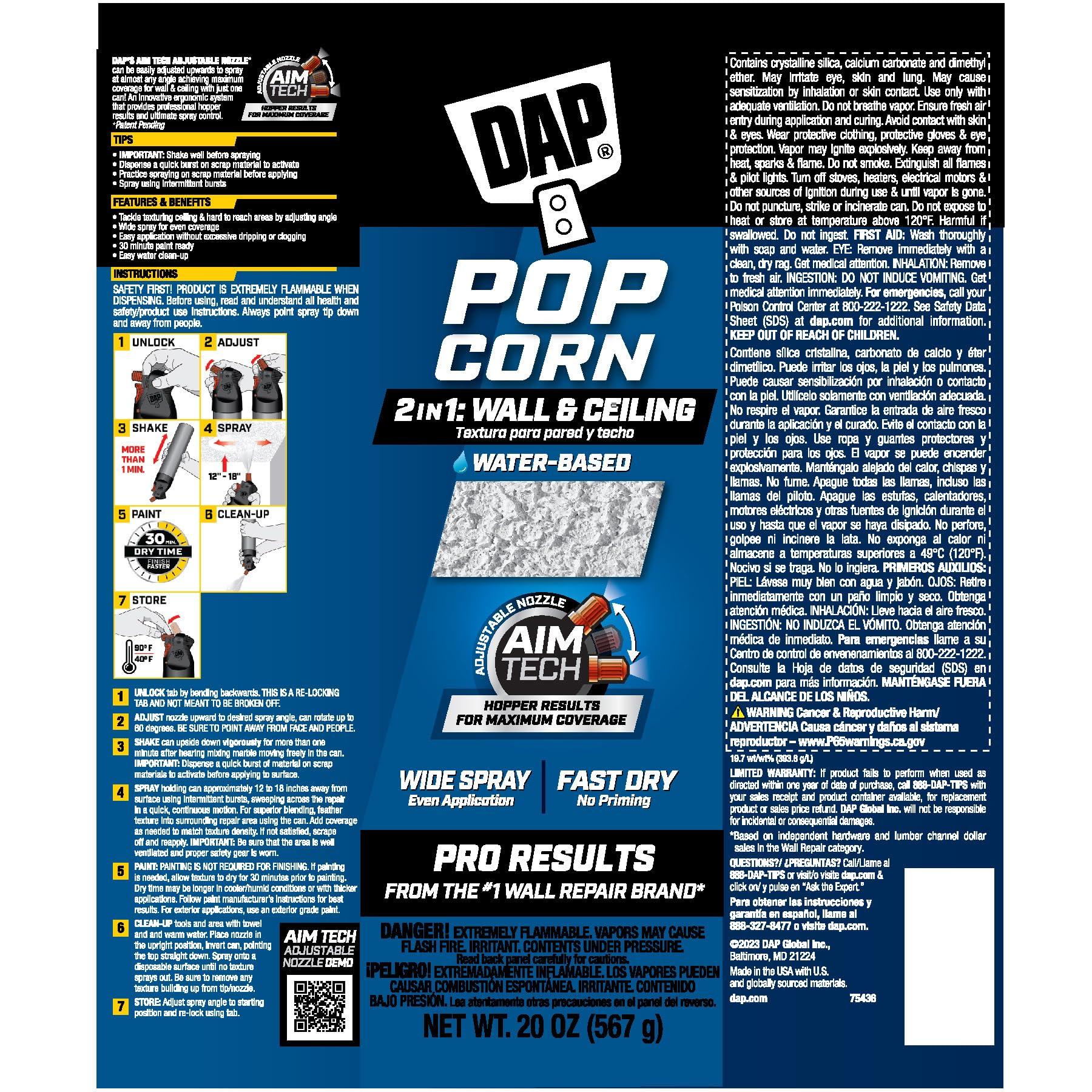 DAP DAP, White, 7079850025 Popcorn Water Based 2in1 Wall & Ceiling Texture Spray with Aim Tech Nozzle, 20 Ounce, 1.25 Pound (Pack of 1)