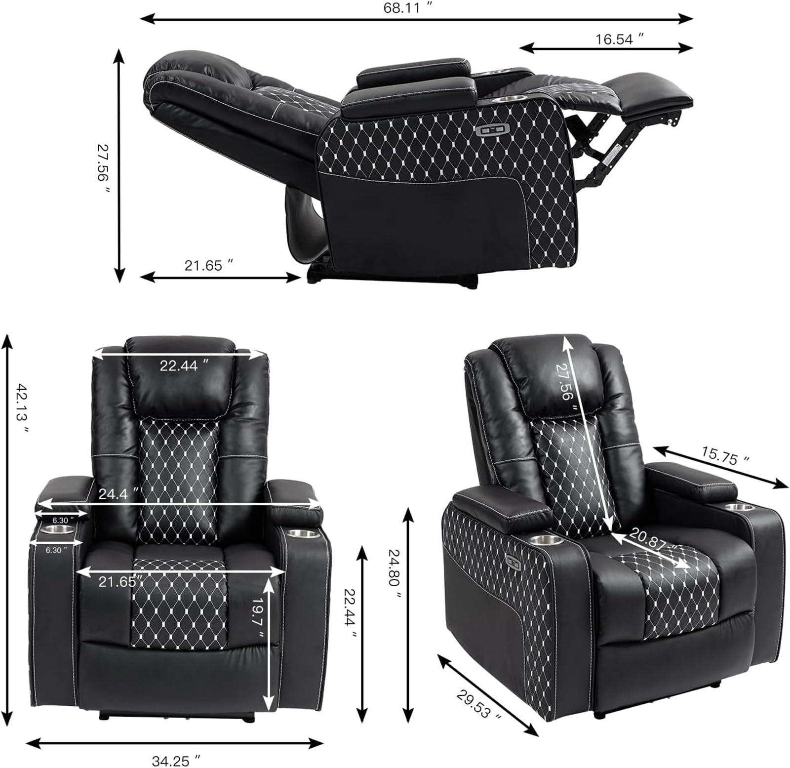 LITVZ Home Theater Seating Recliner with Hidden Arm Storage, Faux Leather Power Recliner Movie & Media Room Chairs with USB Ports and Cup Holders for Lazy Boy Adults