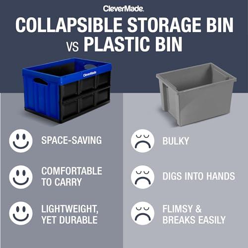 CleverMade CleverMade Collapsible Storage Bin, Royal Blue, 3PK - 62L (16 Gal) Stackable Storage Containers, Holds 100lbs Per Bin - Plastic Storage Bins for Organizing, Closet Storage, Garage Storage