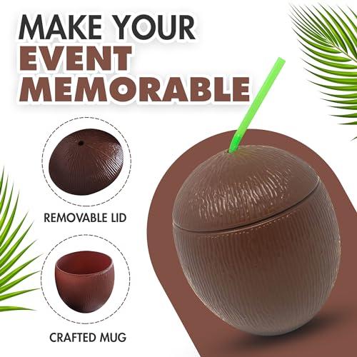 Podzly Podzly - 12 Piece Tropical Luau Theme Coconut Cups - 12 Oz Hawaiian Plastic Mugs with Straw and Removable Lid - Set for Drinking Cups or Party Favors - Perfect for Beach, Pool, and Tiki Parties