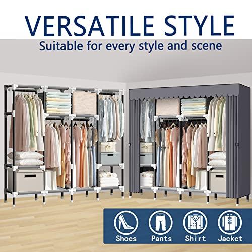 LOKEME LOKEME Portable Closet, 67 Inch Wardrobe Closet for Hanging Clothes with 4 Hanging Rods, 25mm Steel Tube Clothes Storage Organizer for Extra Sturdy, Quick and Easy to Assembly, Gray Cover