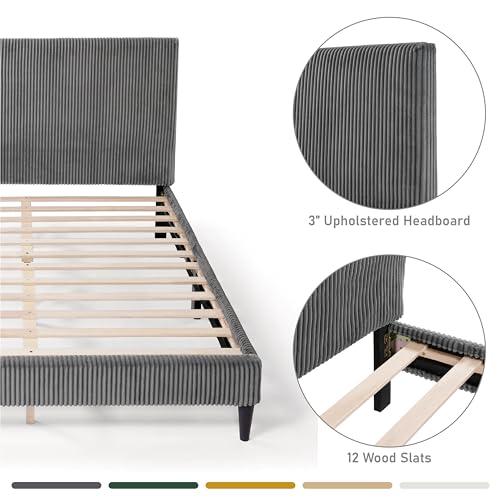 HOMES: Inside + Out HOMES: Inside + Out Lysandra Modern Bed Frame Queen Size with Upholstered Headboard and Corduroy Fabric Cover, No Box Spring Needed for Bedroom, Guest Room, Dark Gray