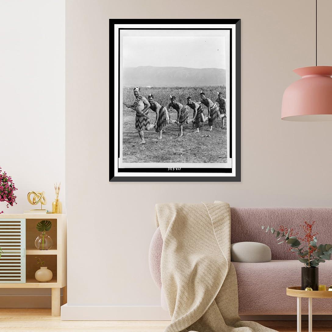 Snapshots of the Past Historic Framed Print, [Five Maori men posing in traditional clothing doing haka dance (war dance)], 17-7/8" x 21-7/8"