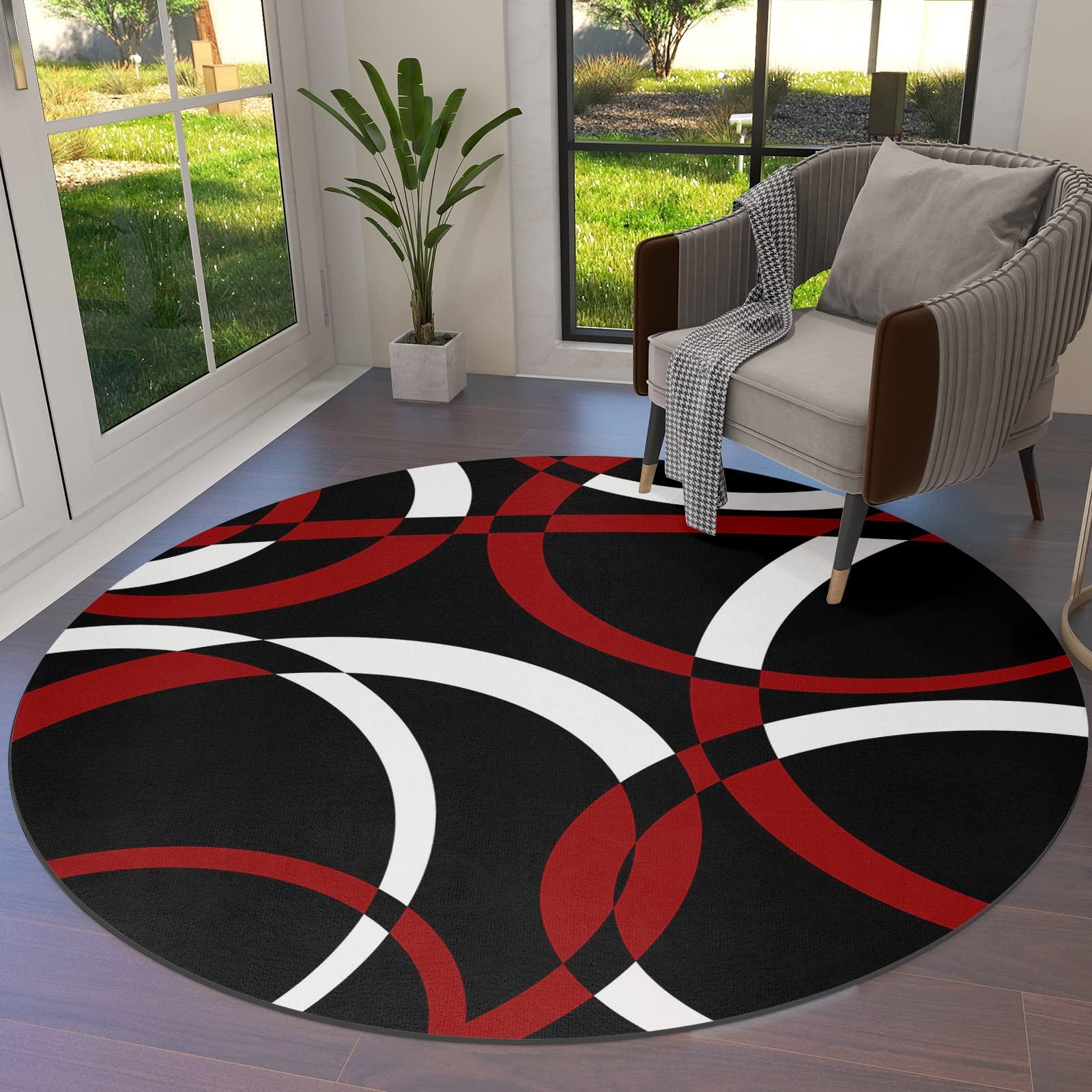 Jolunifun Red Geometric Round Area Rug 5ft,Washable Outdoor Indoor Carpet Runner Rug for Bedroom,Kitchen,Bathroom,Living Room,Office,Black White Modern Abstarct Circle Area+Rug Large Bath Door Desk Floor Mat