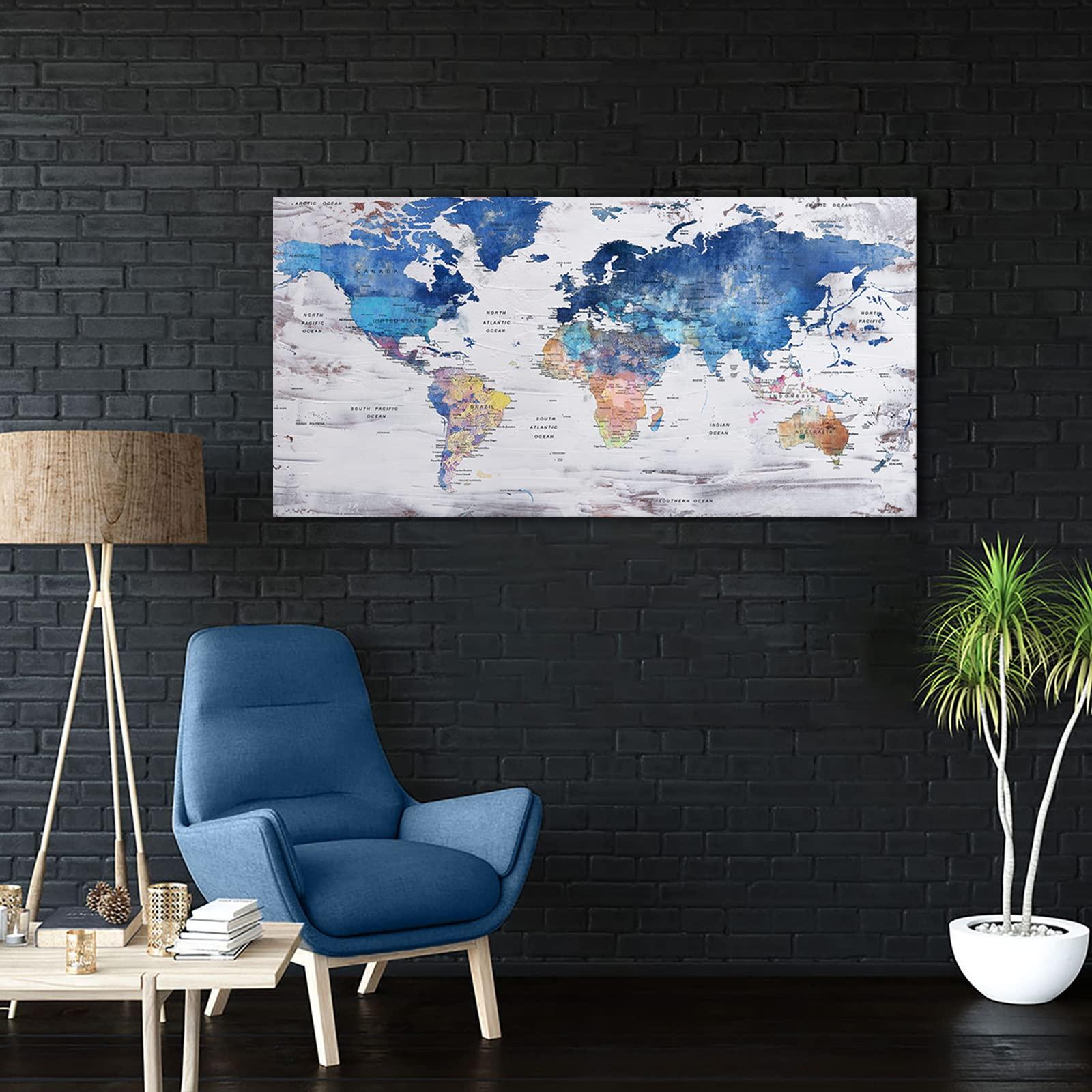 Pogusmavi Pogusmavi World Map Premium Canvas Art Print Office Wall Art Decor Large Maps Picture Artwork 24x48