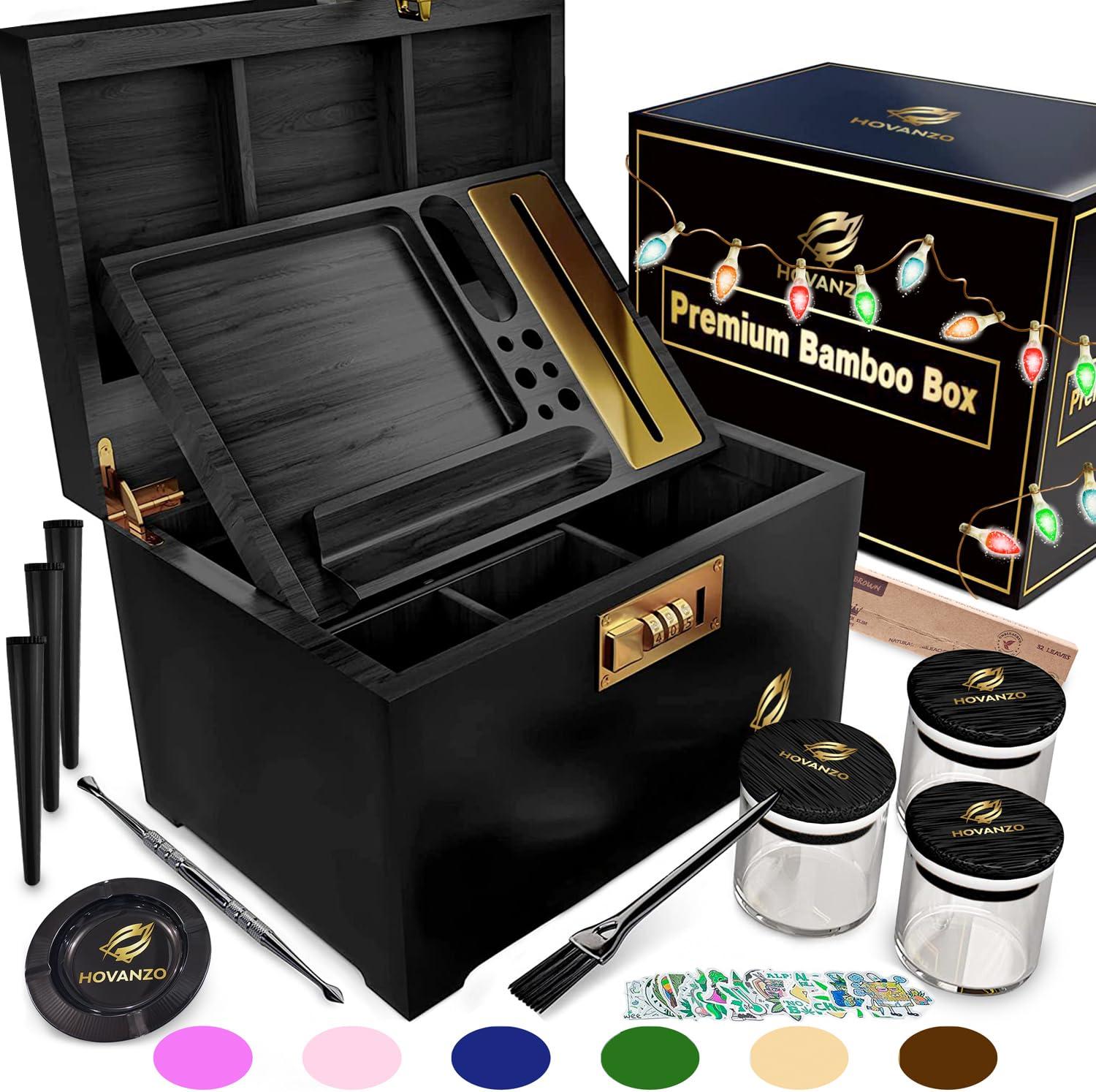 HOVANZO HOVANZO Premium Large Bamboo Box - Decorative Box Wooden Locking Storage Box with Rolling Tray - Decorative Wood Box for Herbs and Accessories - Decorative Box Set with Combination Lock